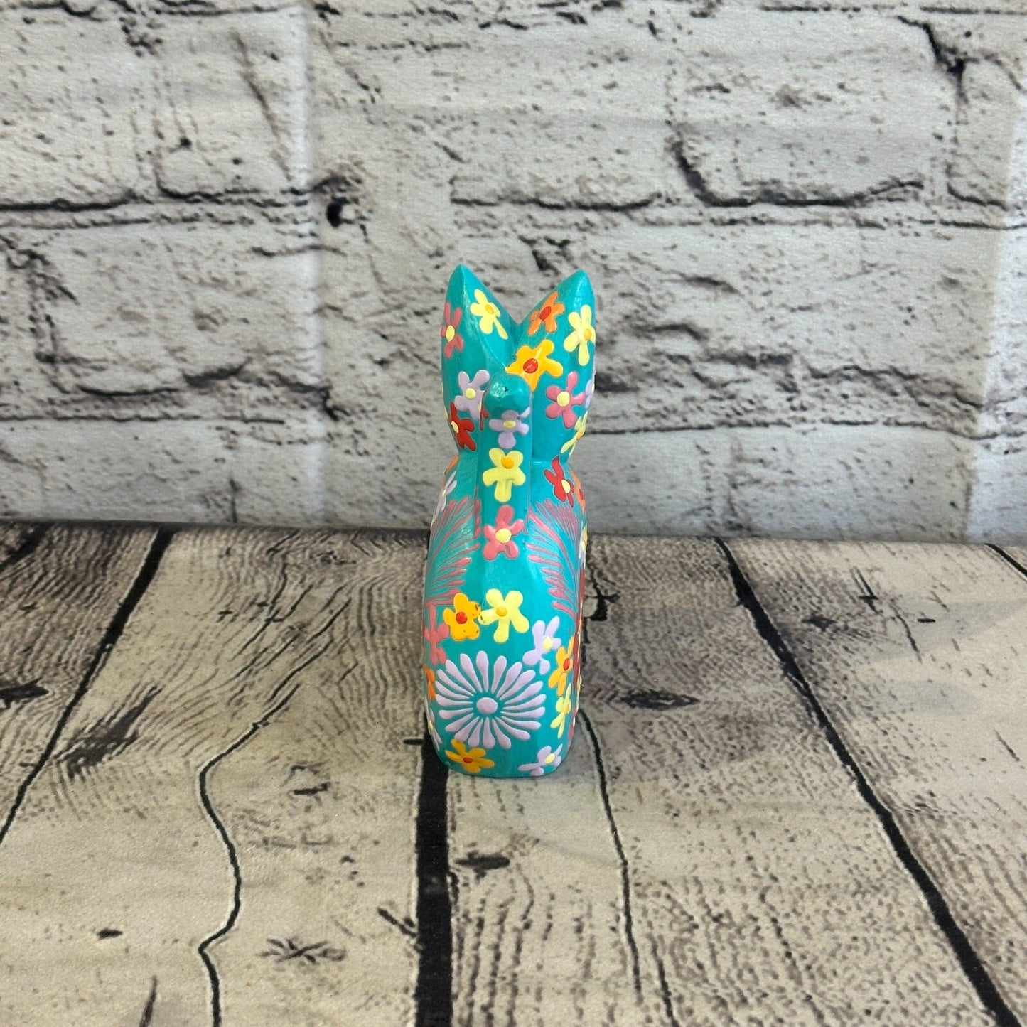 Blue Small Wooden Cat With Flower Pattern 12cm x 6cm Handmade and Fairtrade