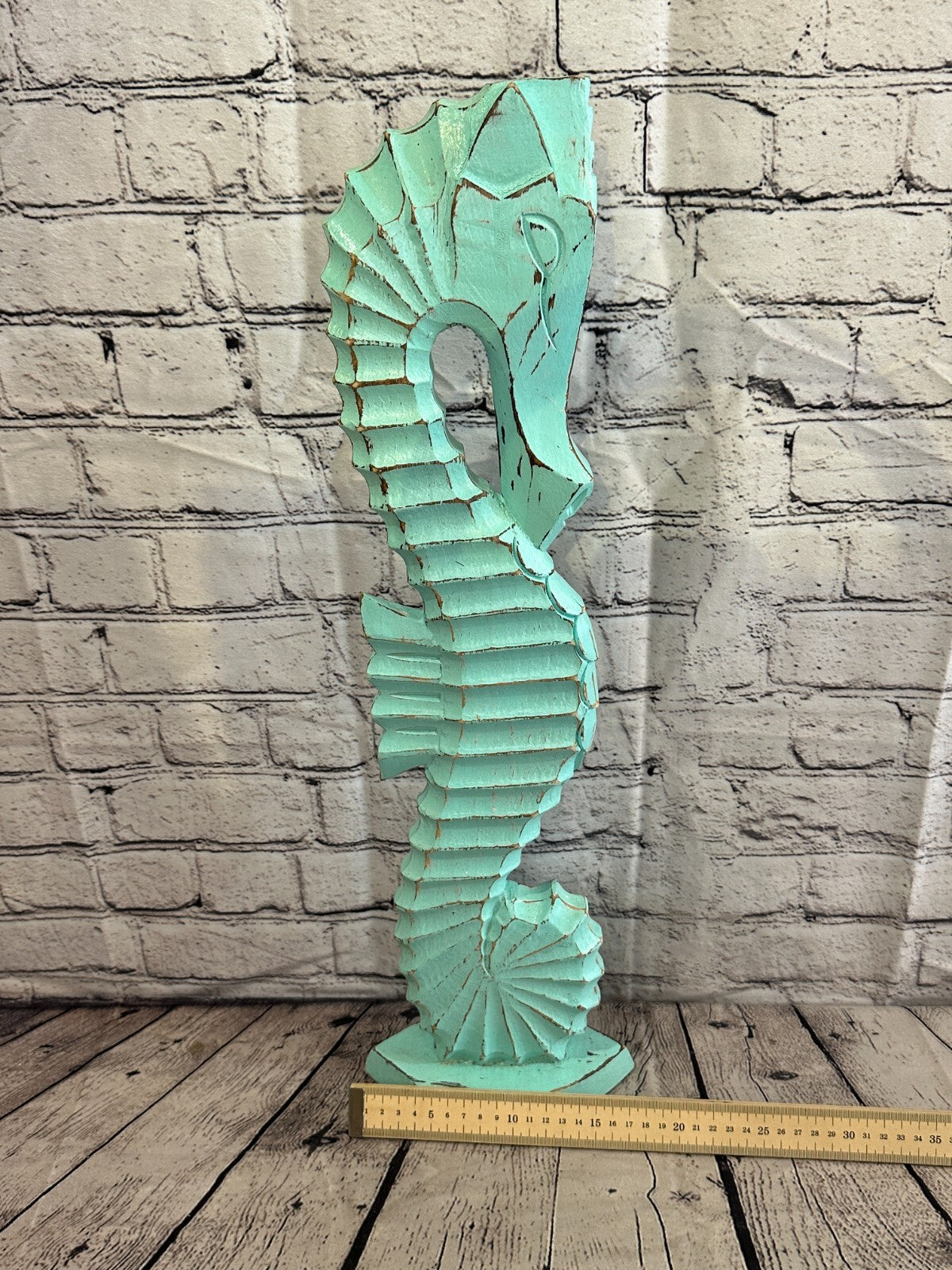 60cm Green Plain Wooden Shabby Seahorse Statue Ornament Fair Trade Handcarved