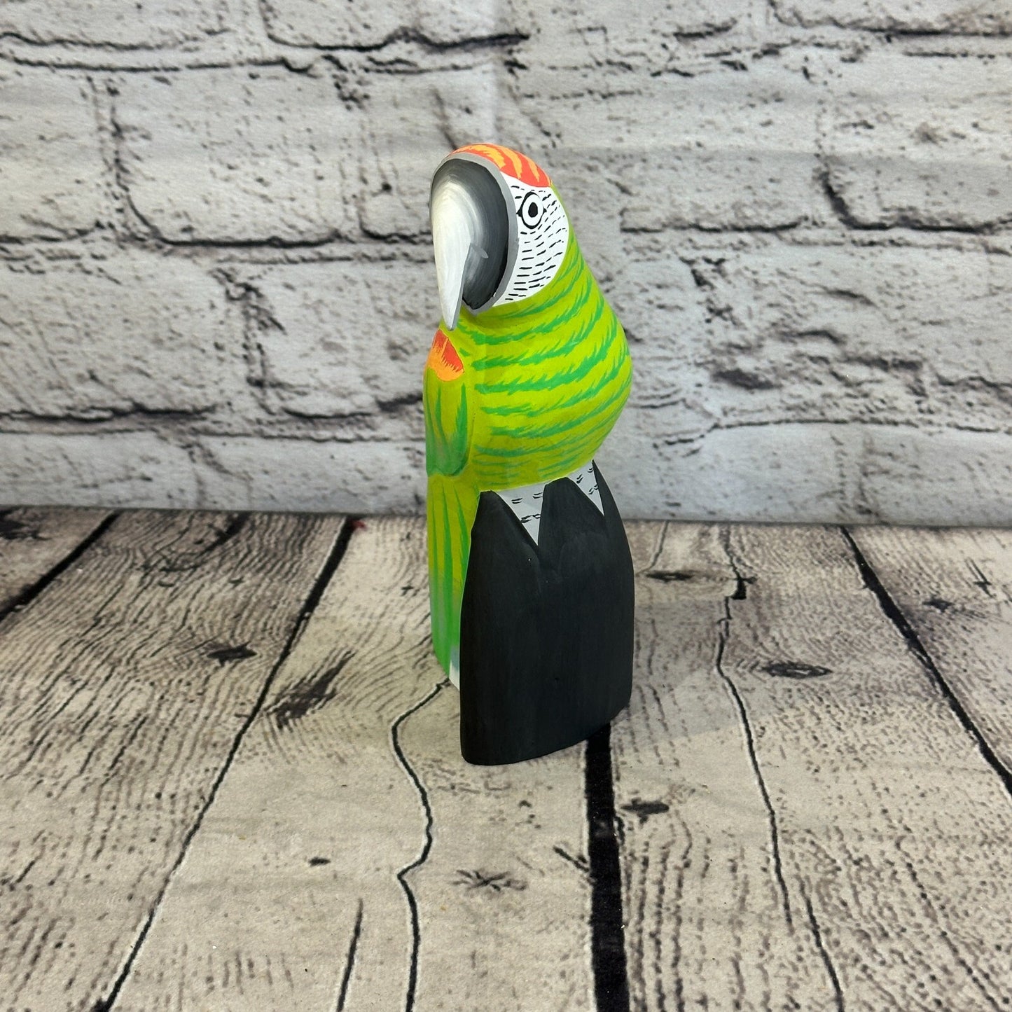 15cm Green Parrot Bird Ornament Statue Fair Trade Hand Made Carved Wood
