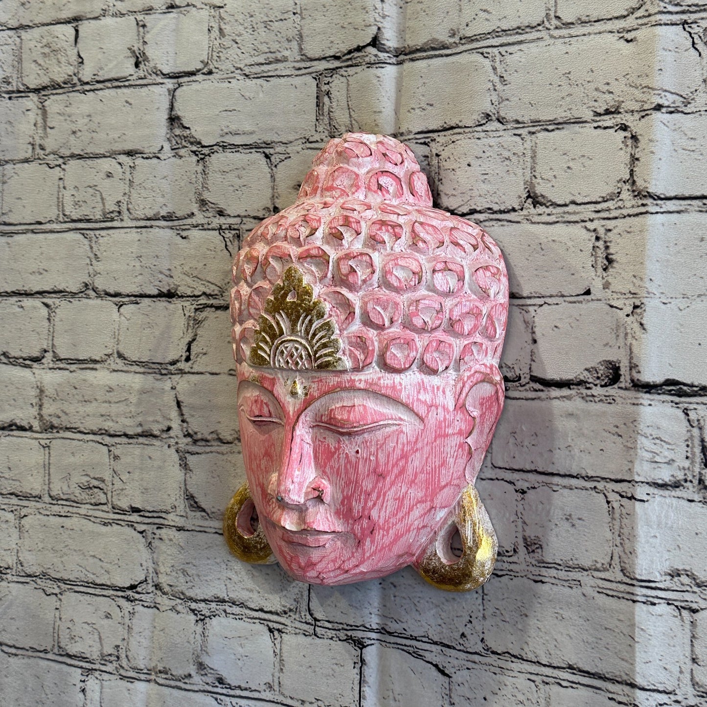 30cm x 20cm Pink Buddha Head Mask Wooden Hanging Statue Figurine Ornament