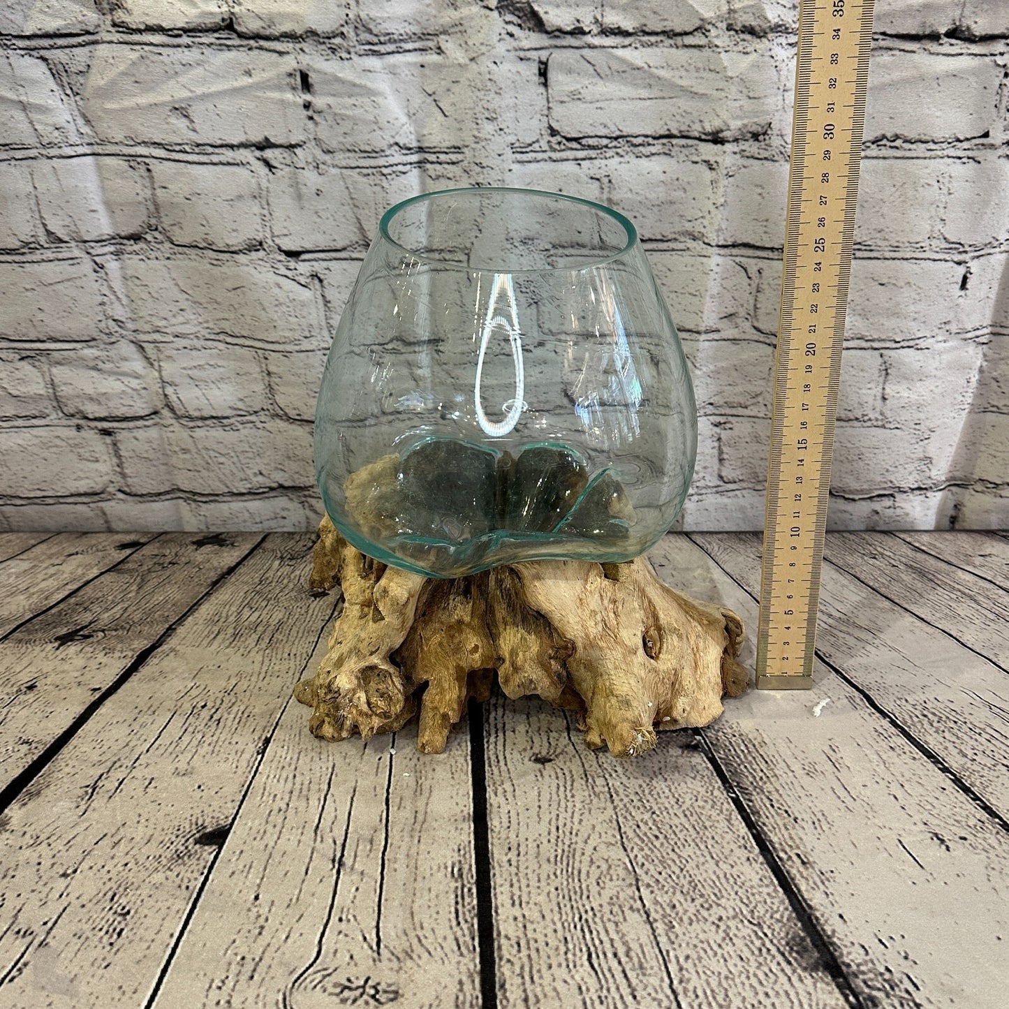 25cm x 25cm Molten Glass Round Bowl Natural Root Wood Base Stand Decor Ornament