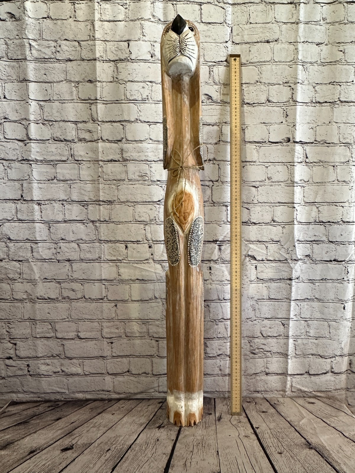 100cm Light Brown Flower Wooden Shabby Dog Statue Ornament Fair Trade Handcarved