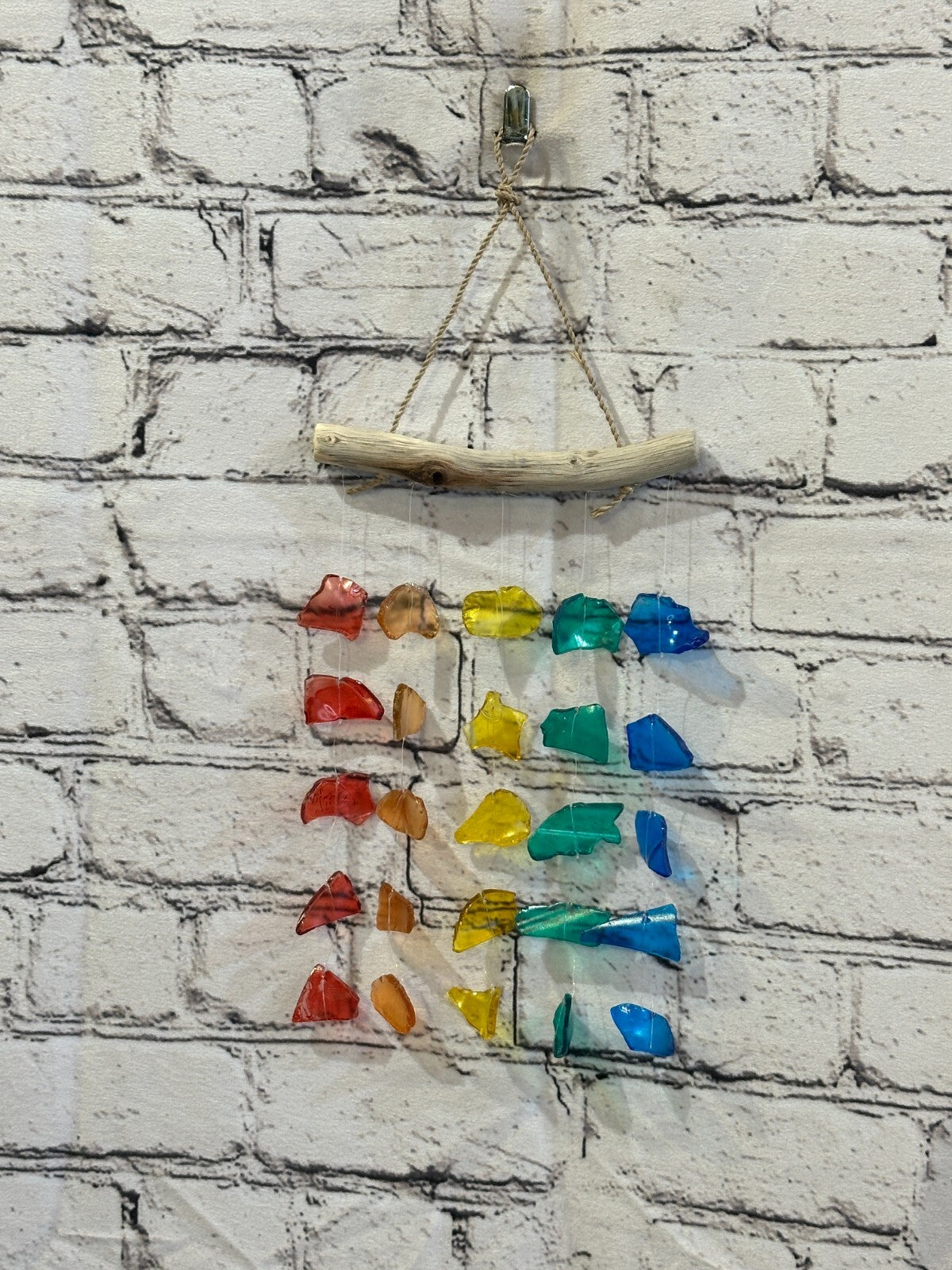 25cm x 15cm Rainbow Wind Recycled Glass Driftwood Handmade Garden Home Mobile