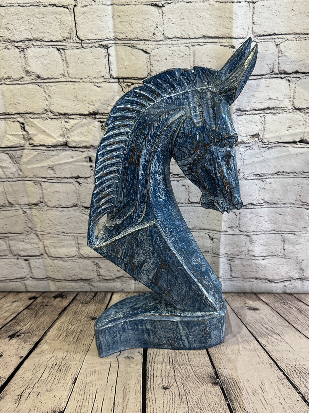 Blue Wooden 50cm x 25cm Horse Head Bust Hand Carved Wood Sculpture