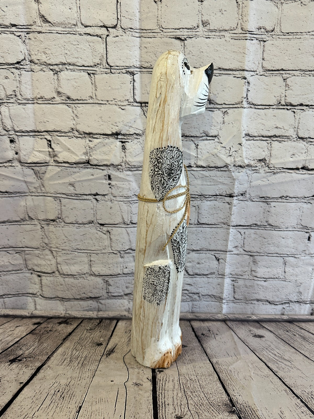 50cm White Flower Wooden Shabby Dog Statue Ornament Fair Trade Handcarved
