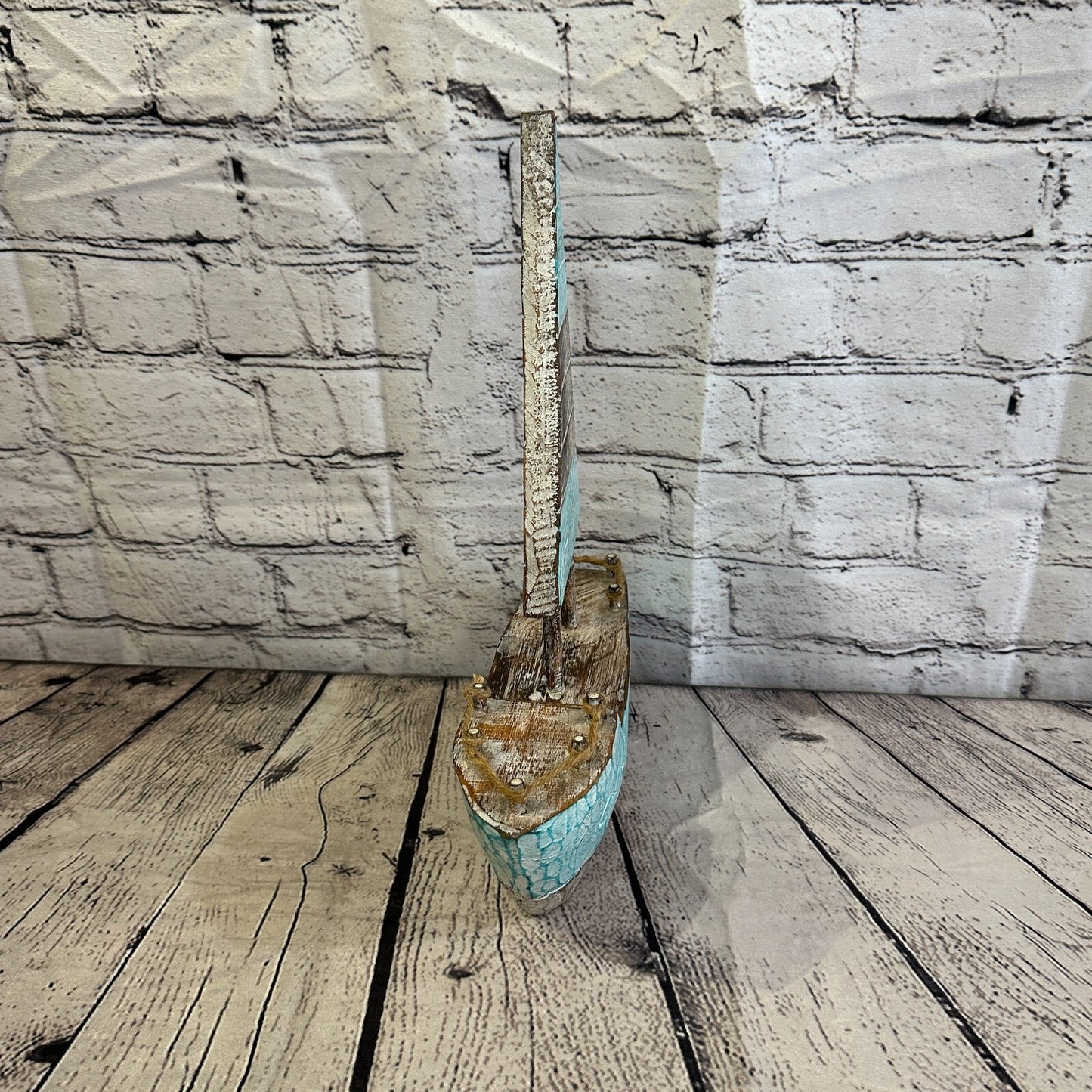 35cm Rustic Wooden Brown & Green Sailing Boat Nautical Ornament Sculpture Decor