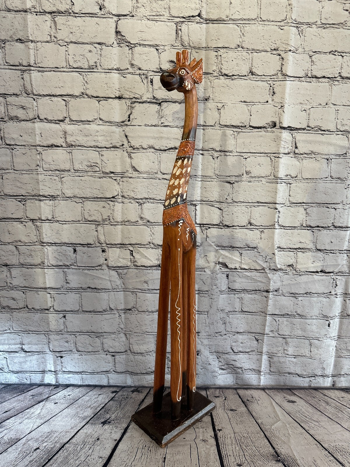 80cm Brown Painted Wood Giraffe Tall Statue Wood Modern Hand Carved Painted