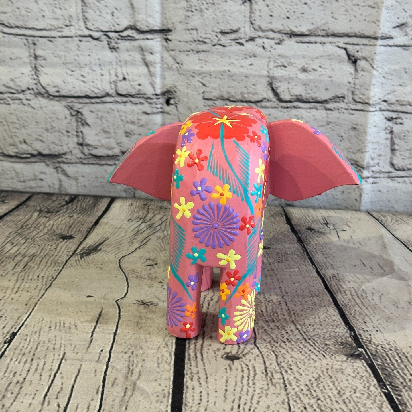 Pink Wooden Elephant With Flower Pattern 15cm x 18cm Handmade and Fairtrade