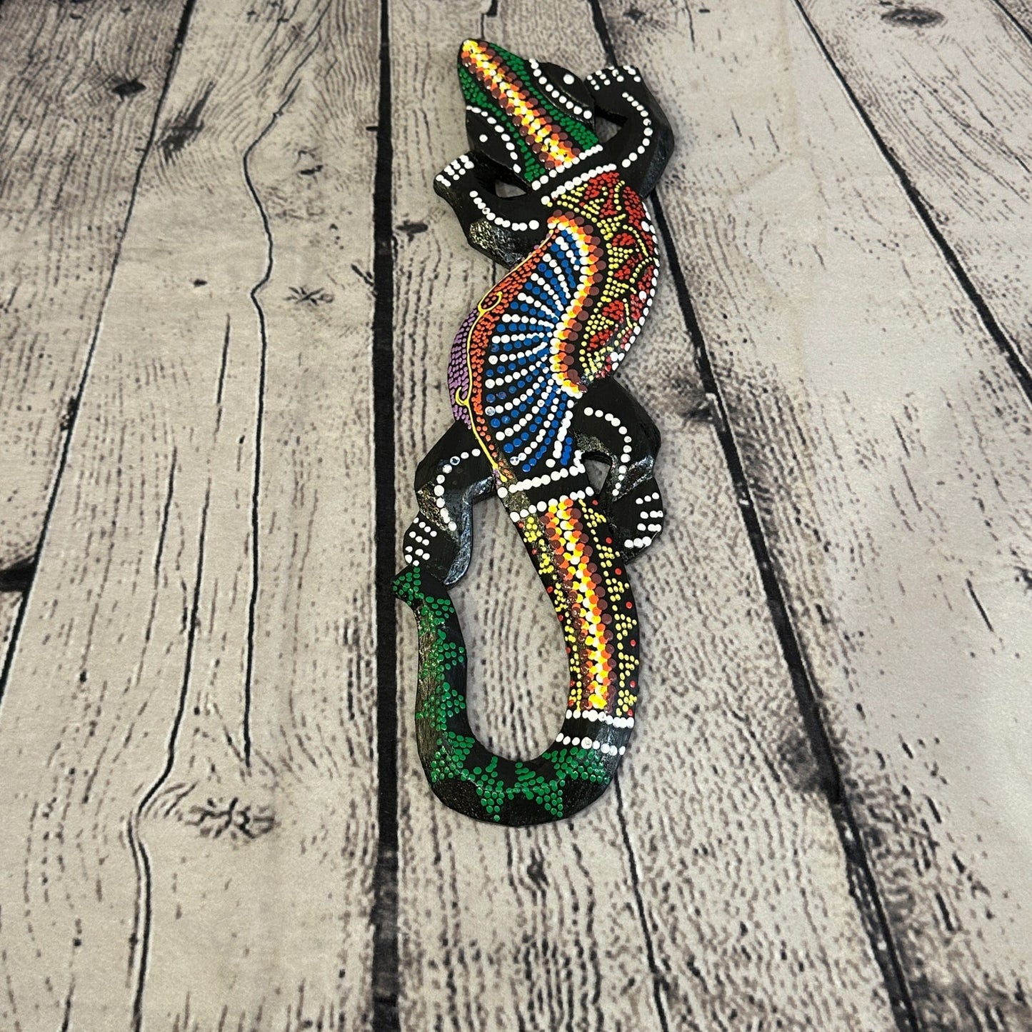 30cm Gecko Carved Wooden Dot Painted Ethnic Tribal Tiki Wall Handmade No 3