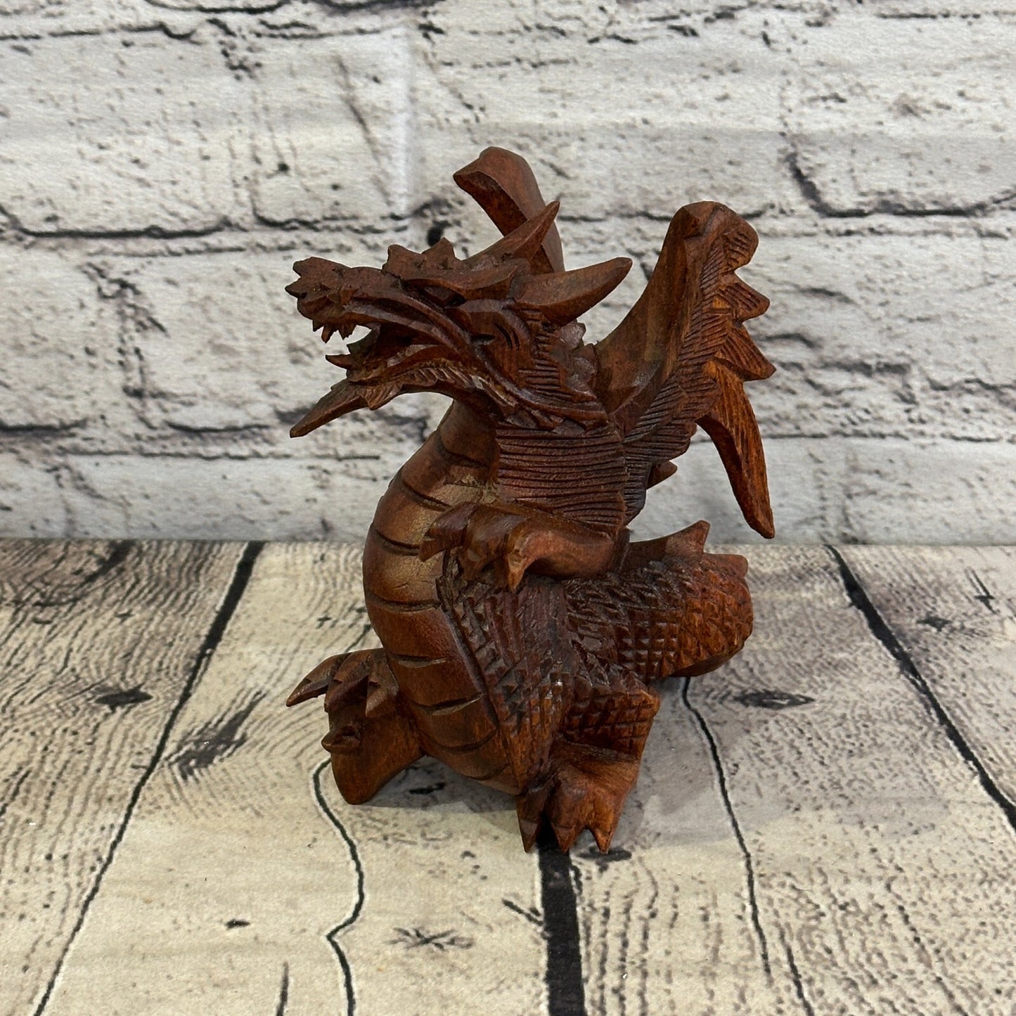 12cm x 10cm Dark Wooden Standing Dragon Carving Hand Carved Wing Back Dragon