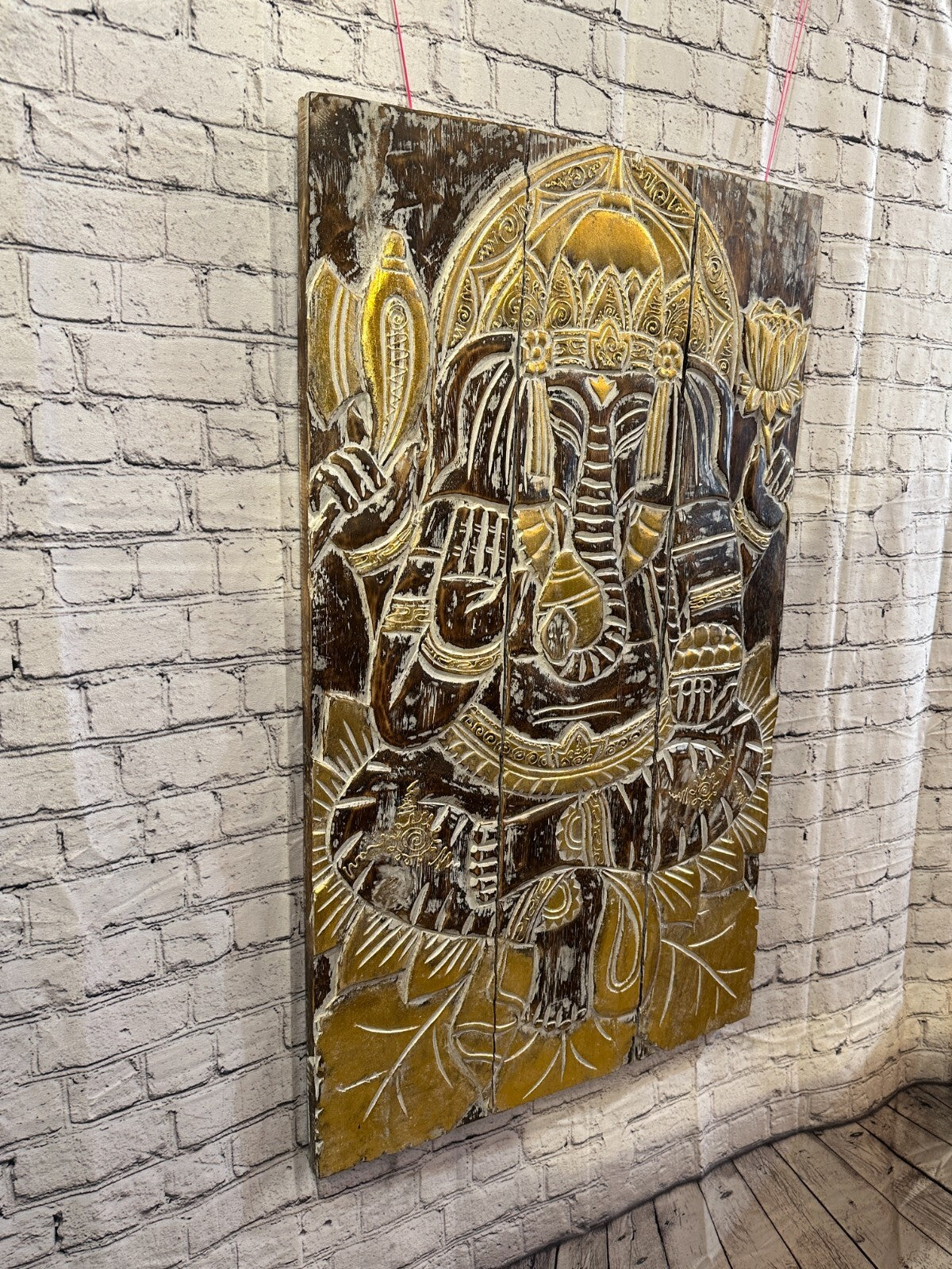 100cm x 60cm Ganesha Brown Gold Wooden Wood Panel Wall Art Plaque Handcarved