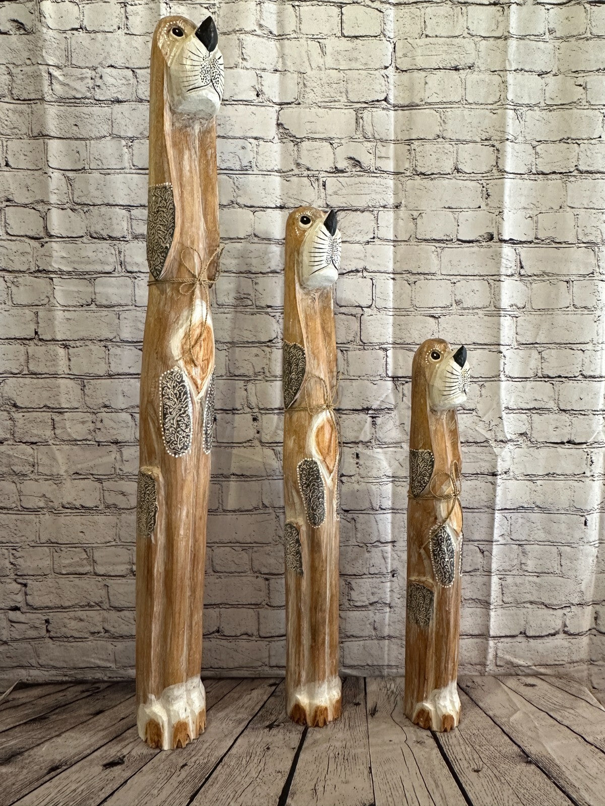 100cm Light Brown Flower Wooden Shabby Dog Statue Ornament Fair Trade Handcarved