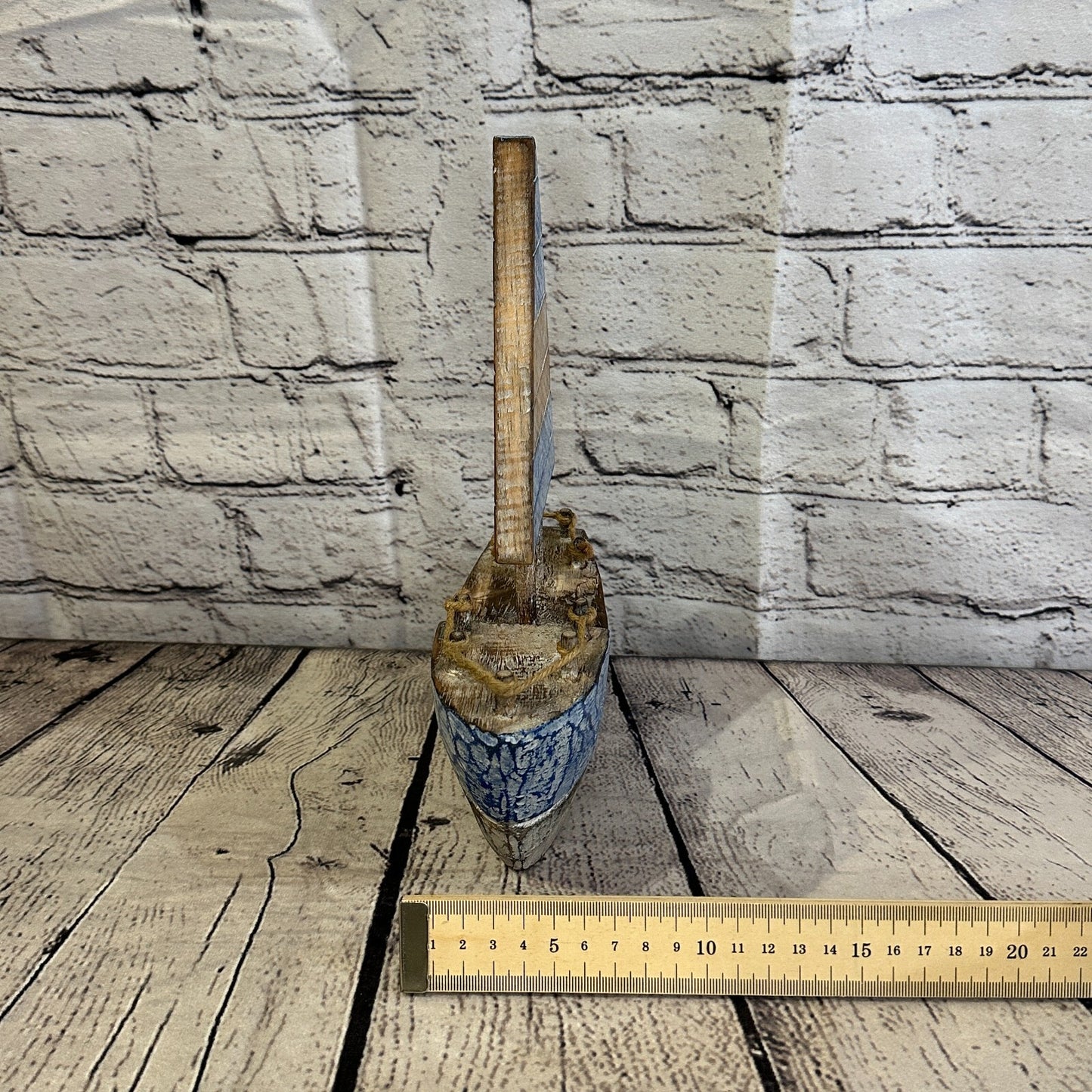 25cm Rustic Wooden Brown & Blue Sailing Boat Nautical Ornament Sculpture Decor