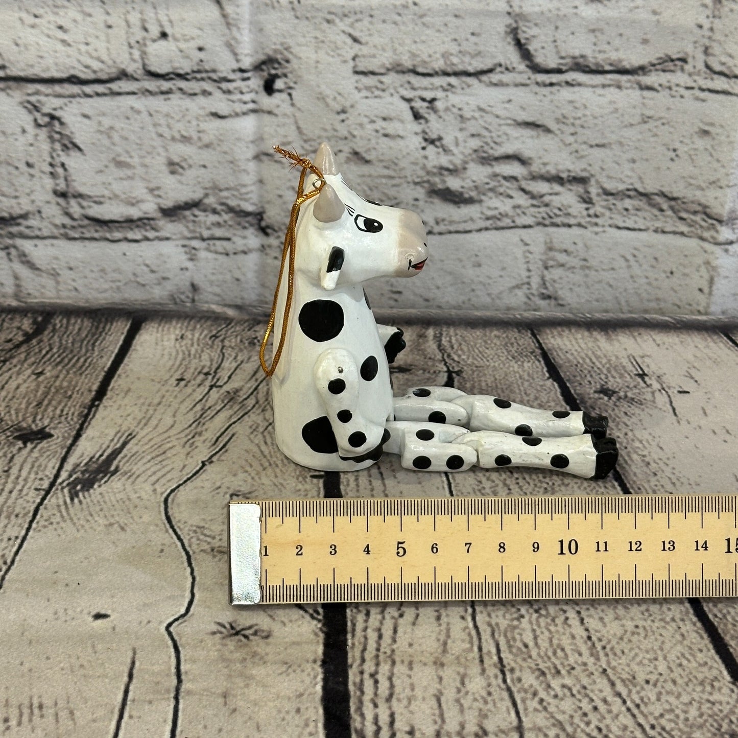 10cm Spotty Cow Sitting Animal, Wooden Shelf Ornament Handmade and Fairtrade