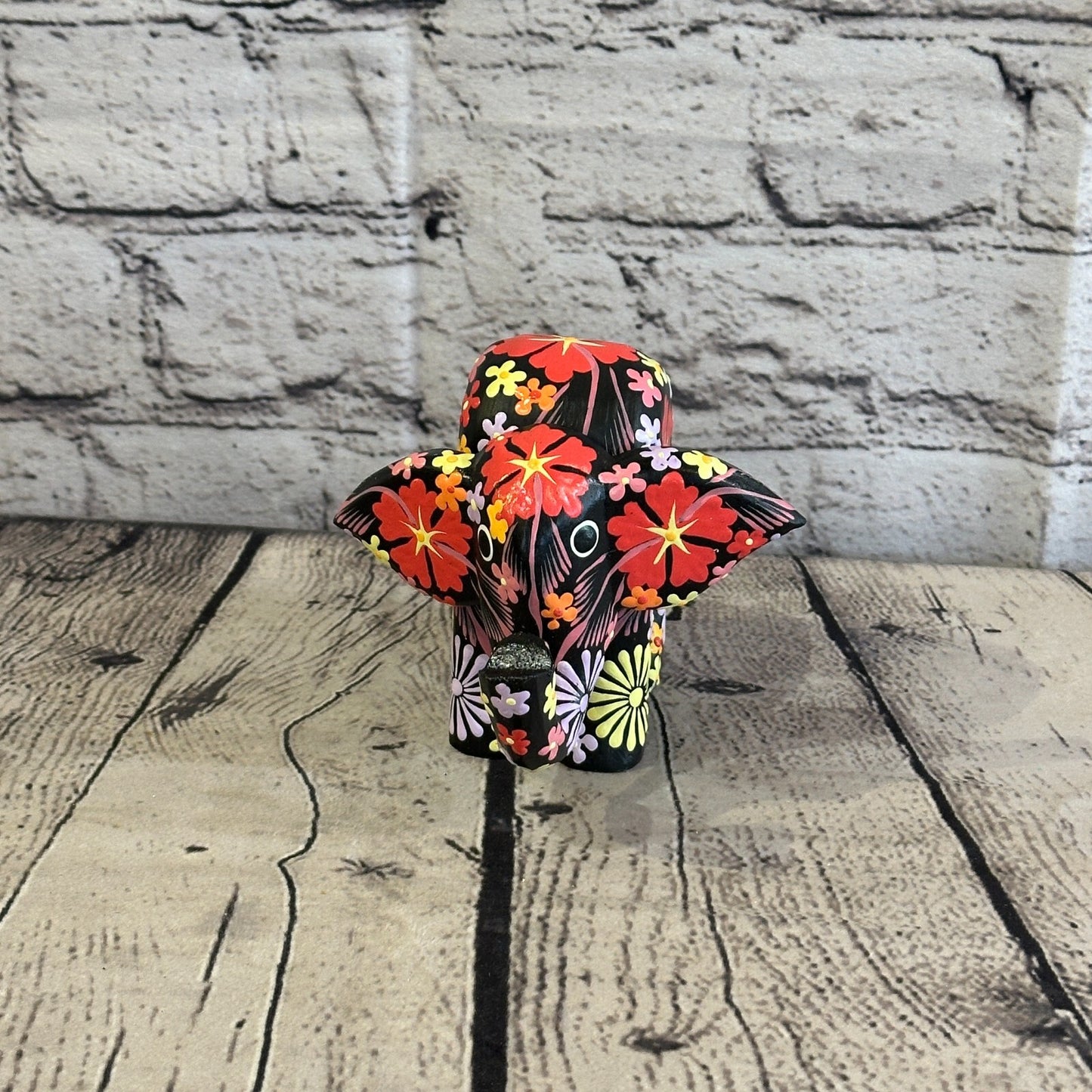 Black Wooden Elephant With Flower Pattern 10cm x 12cm Handmade and Fairtrade