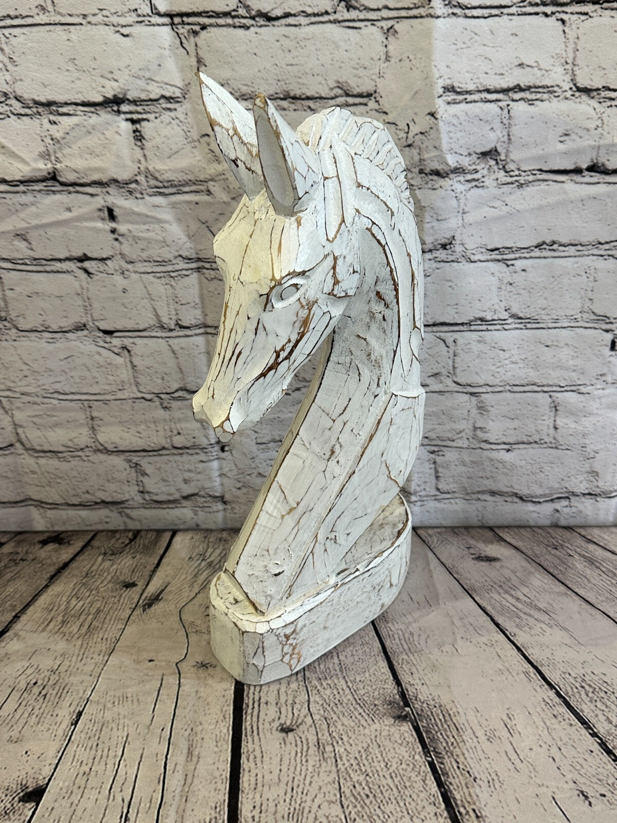 White Wooden 40cm x 20cm Horse Head Bust Hand Carved Wood Sculpture