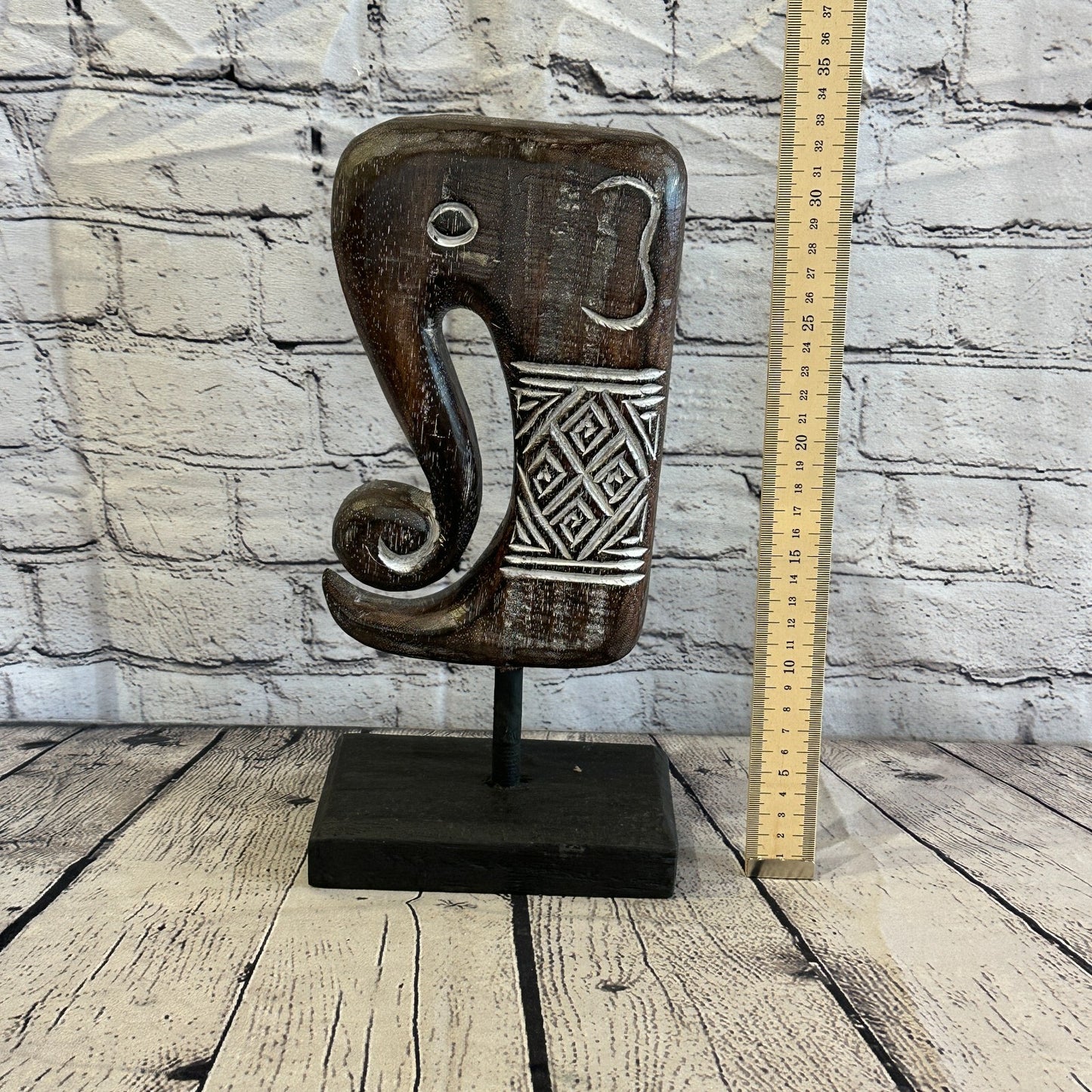 32cm x 16cm Wooden Tribal Primitive Black Elephant Head Stand Sculpture Statue