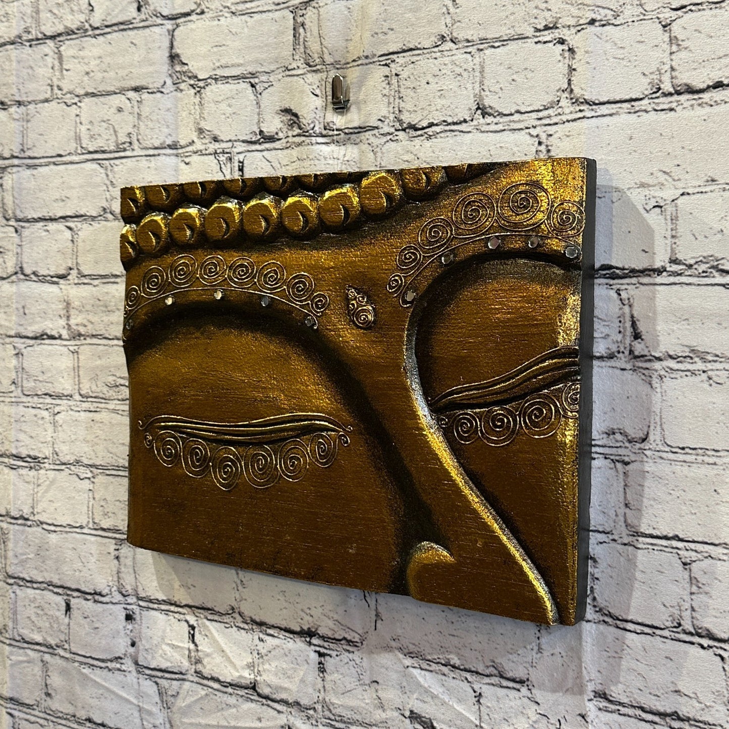 Wooden Wood Panel 40cm Brown Gold Buddha Eyes Lotus Wall Art Plaque Handcarved
