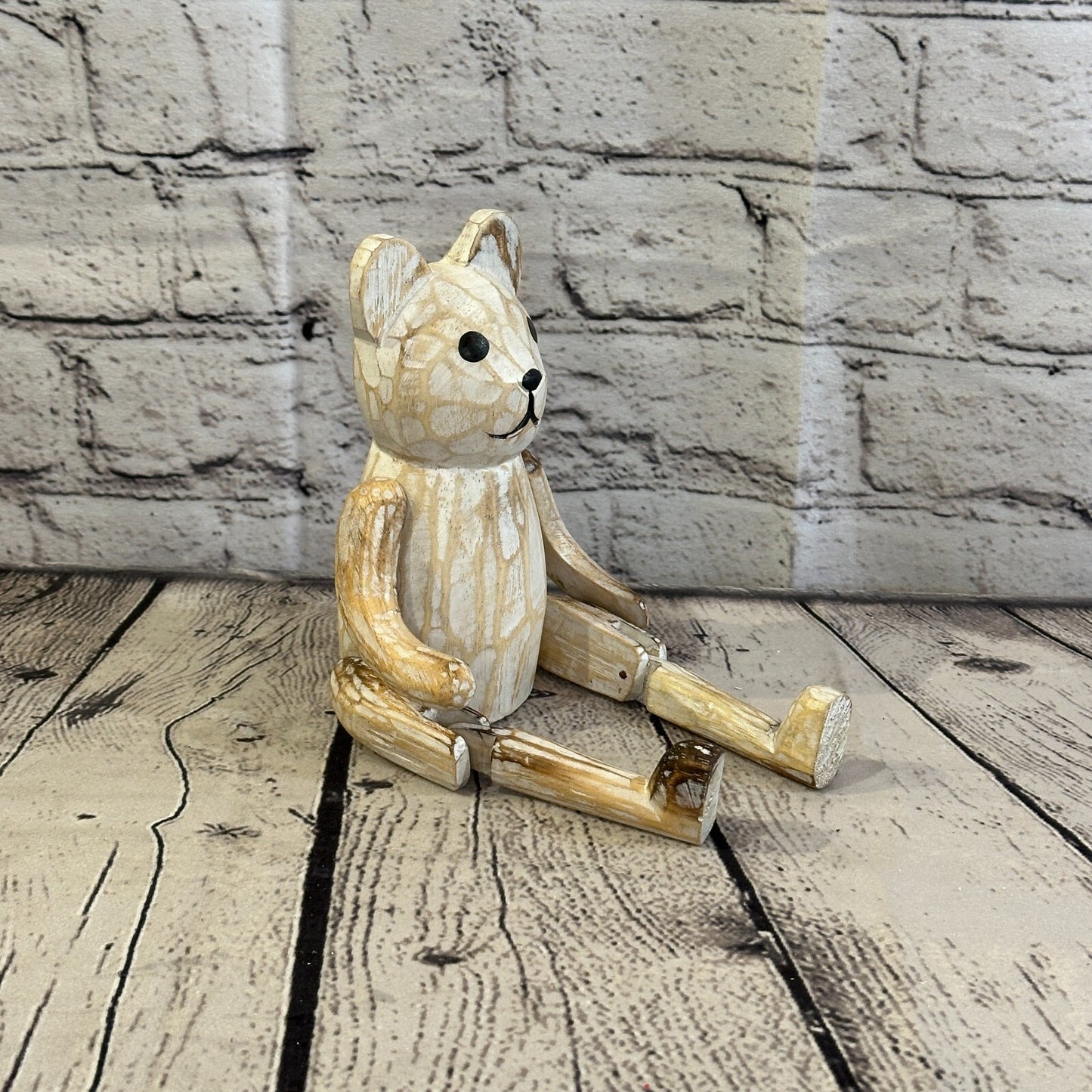 15cm Shabby White Teddy Sitting Animal Wooden Shelf Ornament Handmade Fairtrade