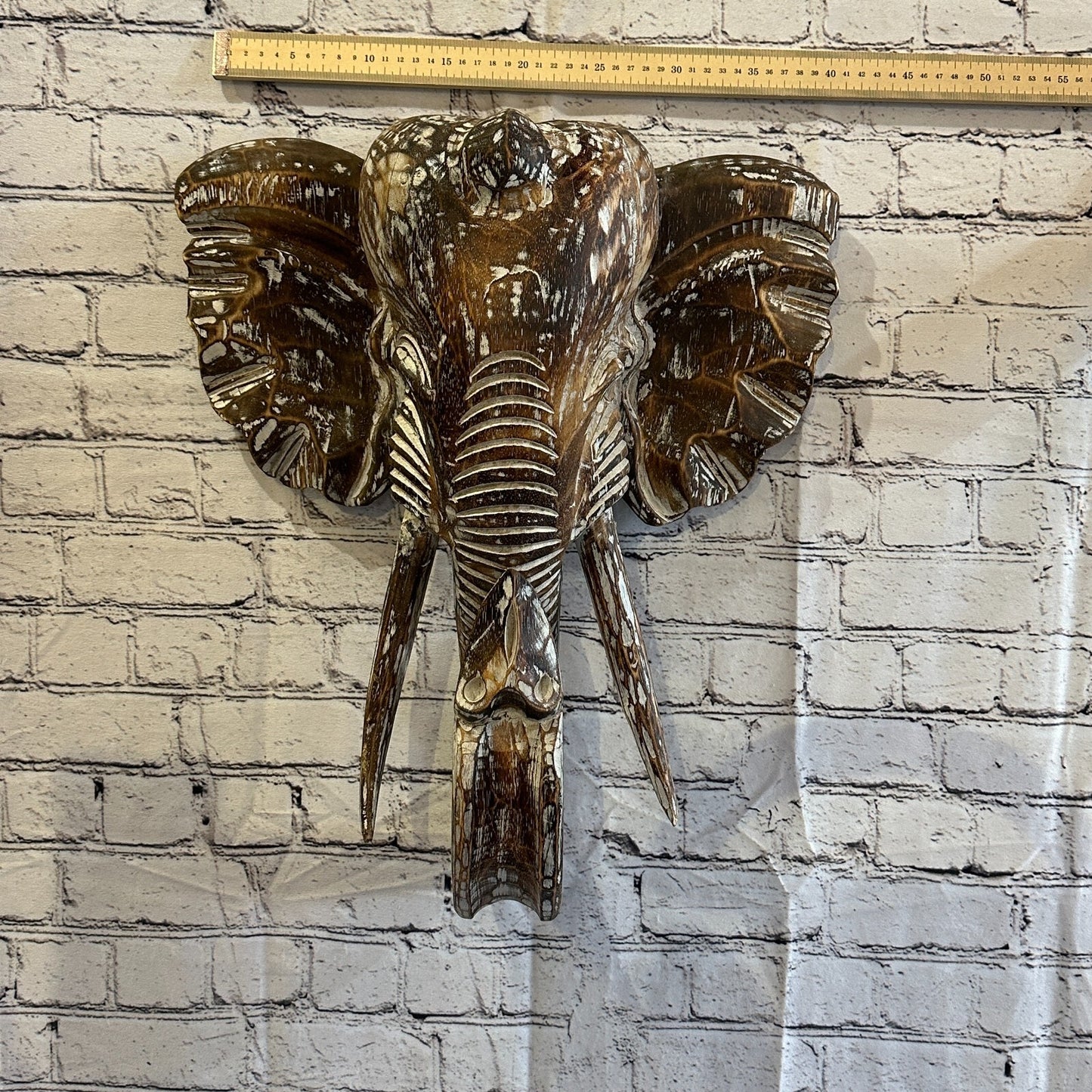 50cm x 40cm Brown Carved Wood Elephant Head Wall Mounted Art Large Shabby