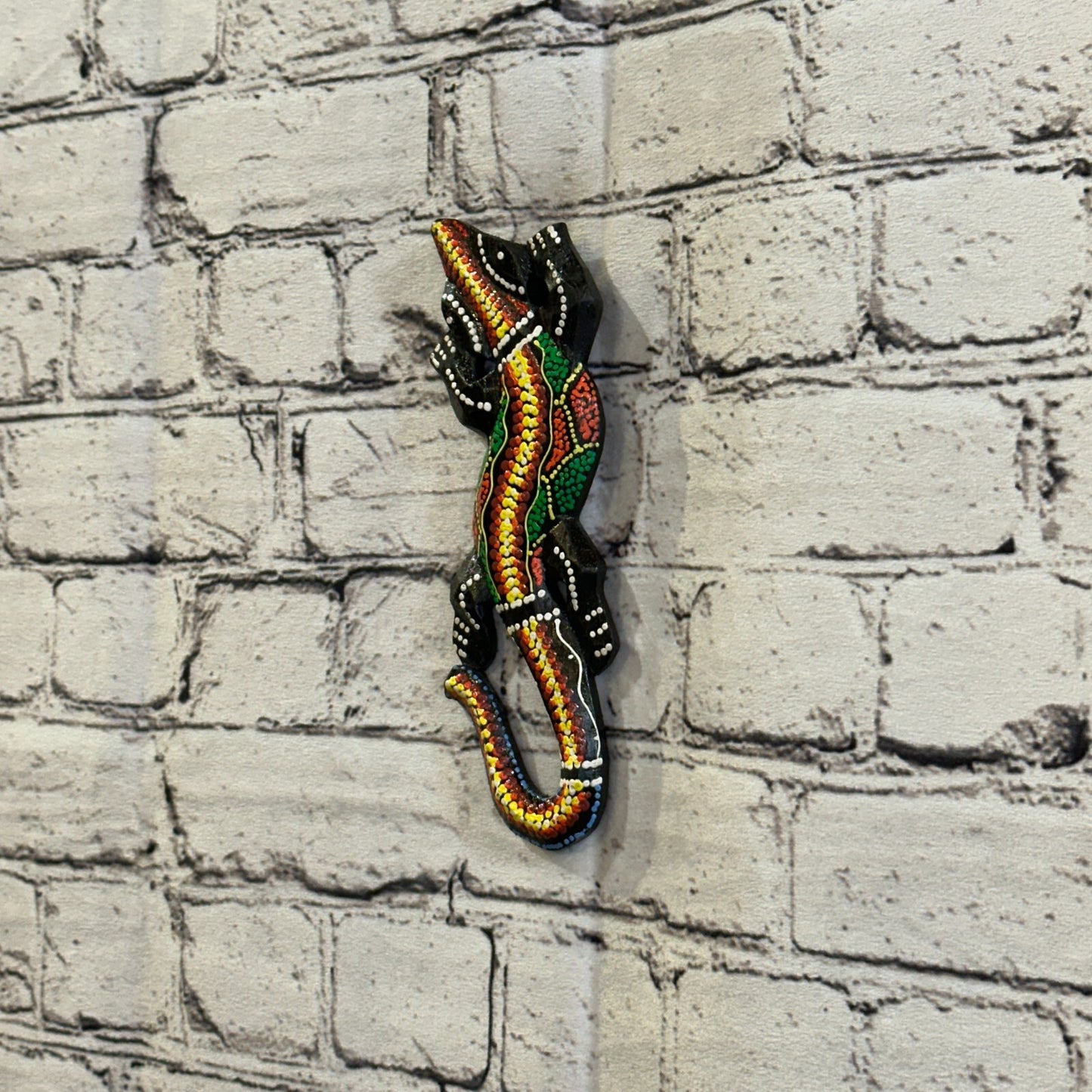 20cm Gecko Carved Wooden Dot Painted Ethnic Tribal Tiki Wall Handmade No 13