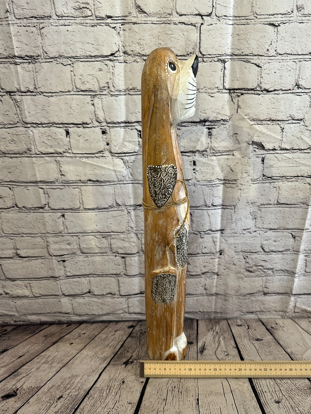 60cm Light Brown Flower Wooden Shabby Dog Statue Ornament Fair Trade Handcarved