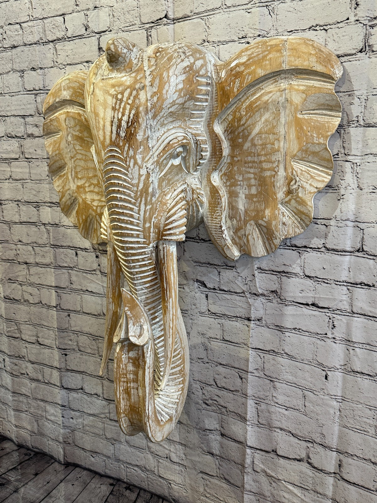80cm x 60cm Cream White Carved Wood Elephant Head Wall Mounted Art Large Shabby