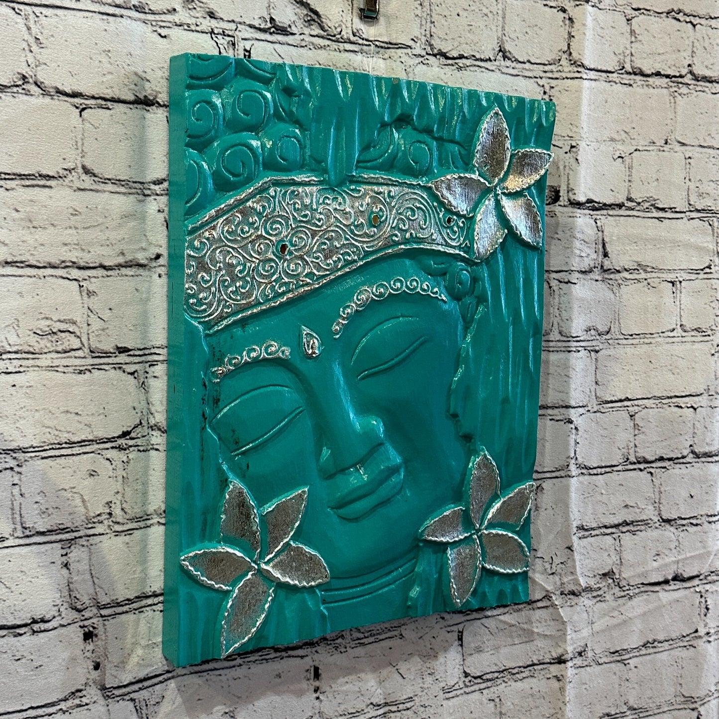 Wooden Wood Panel 40cm Brown Teal Buddha Hibiscus Wall Art Plaque Handcarved