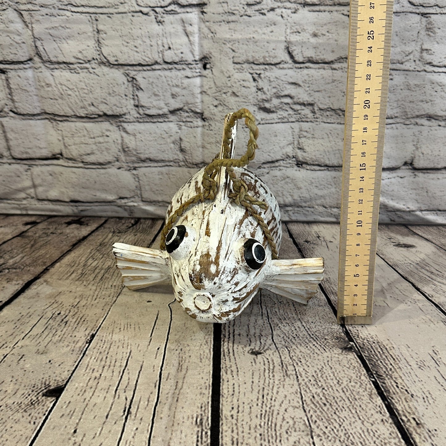 Plain White Folk Art Hand Painted Puffer Fish Coconut Shell Ornaments Hanging