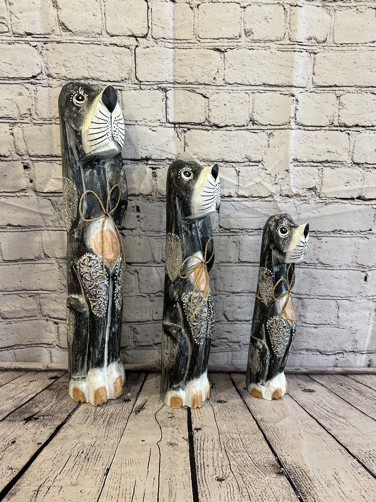 50cm Grey Flower Wooden Shabby Dog Statue Ornament Fair Trade Handcarved