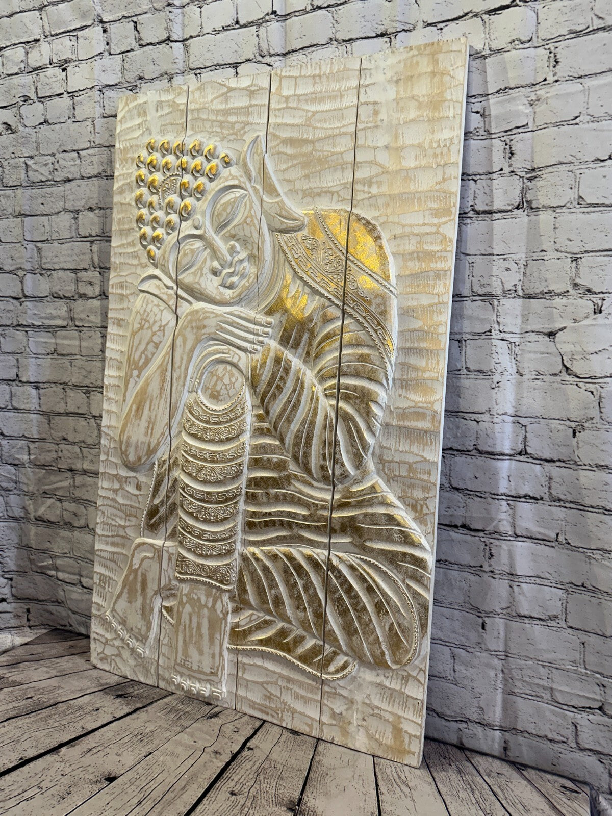 100cm x 60cm Buddha White Gold Wooden Wood Panel Wall Art Plaque Handcarved