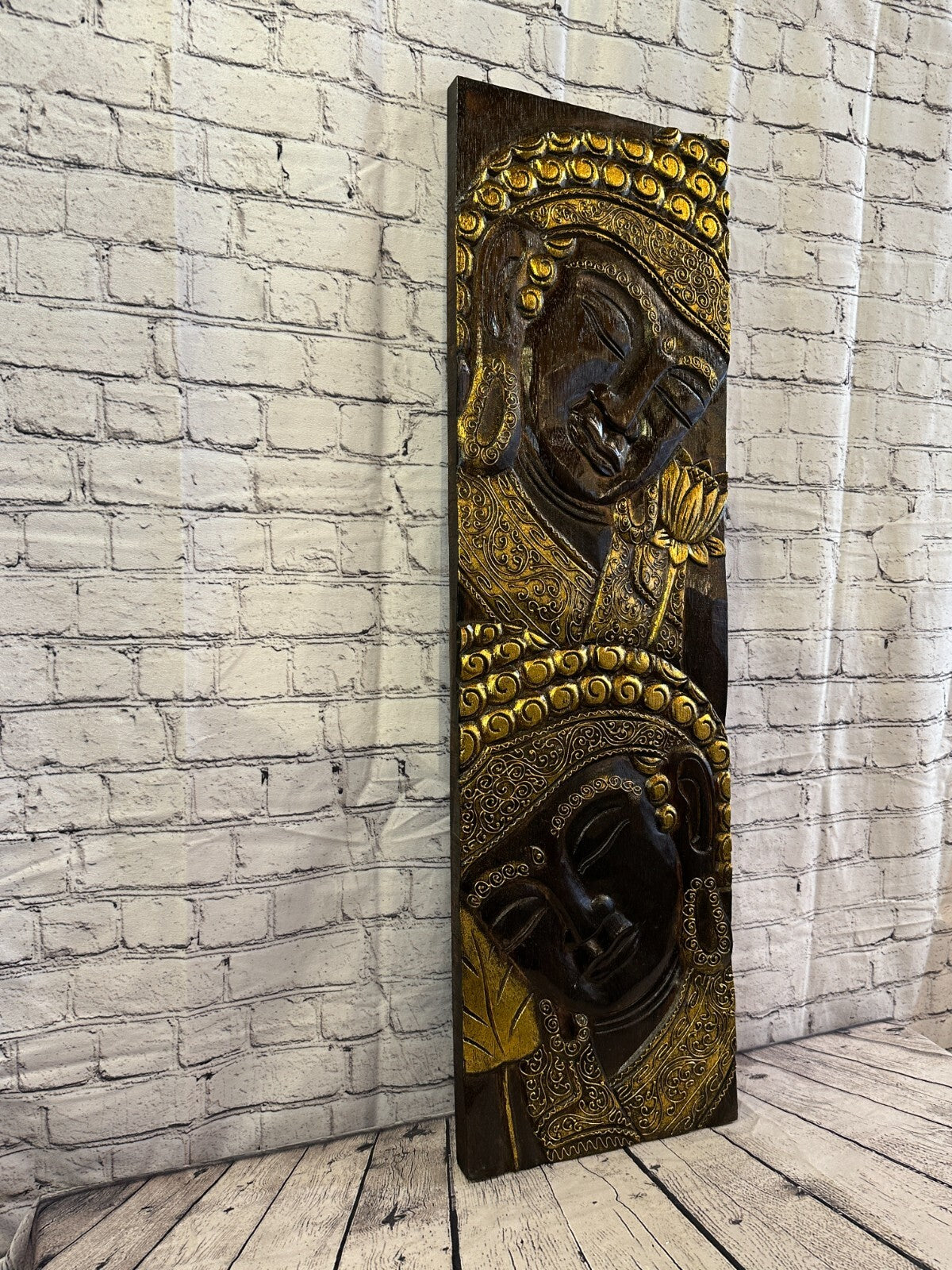 100cm x 30cm Tall Buddha 2 Faces Brown Wooden Wood Panel Wall Art Plaque