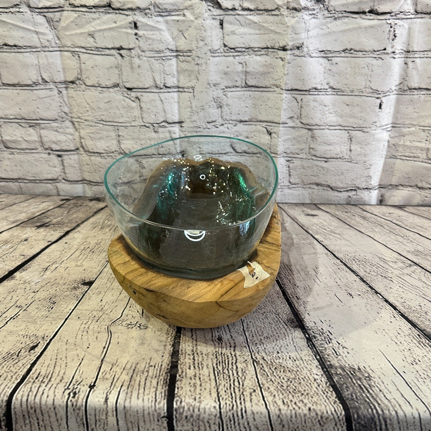 15cm x 40cm Molten Glass Round Bowl Natural Root Wood Base Stand Decor Ornament