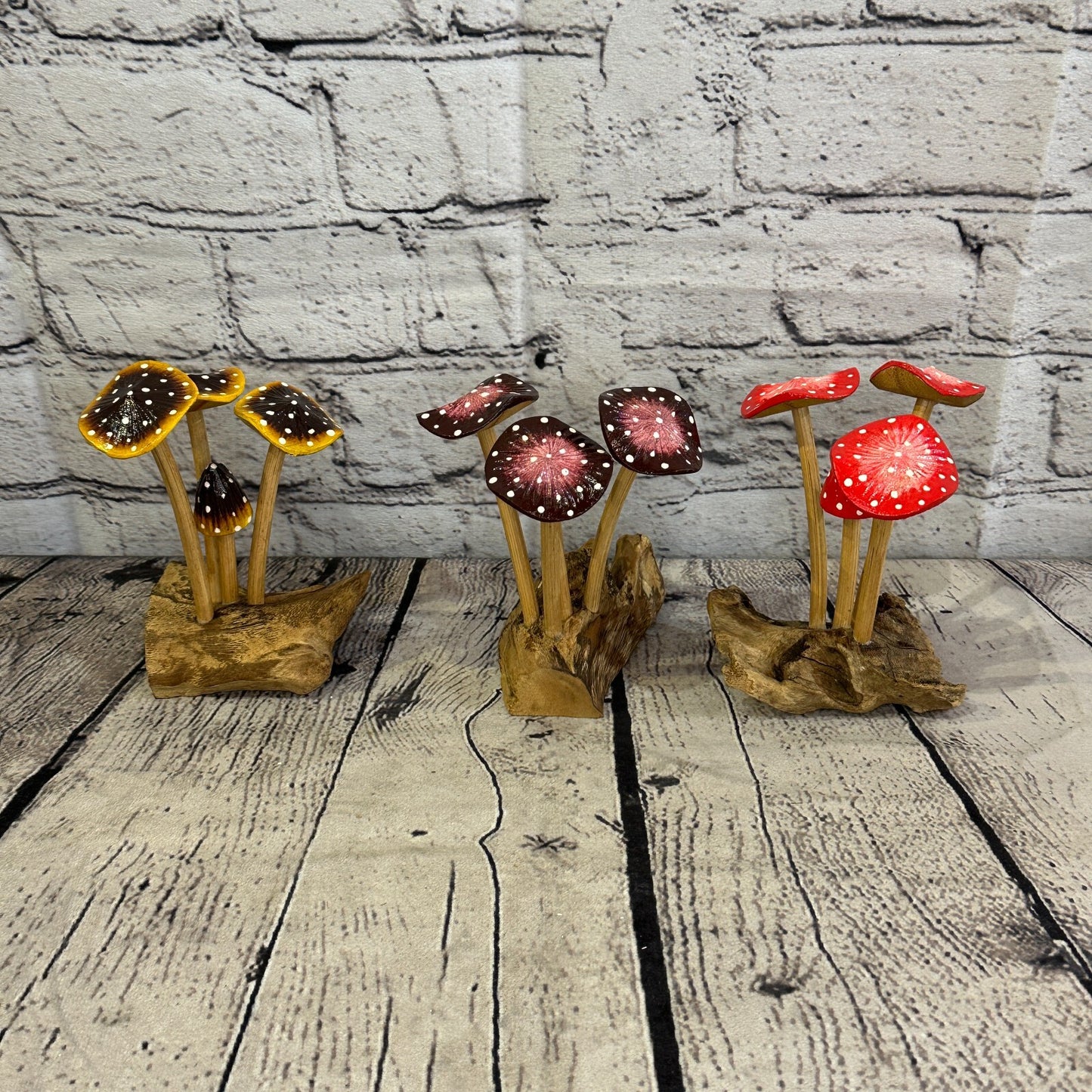 Brown Yellow Painted Mushroom Parasite Ornament Natural Carving Fairtrade Wooden