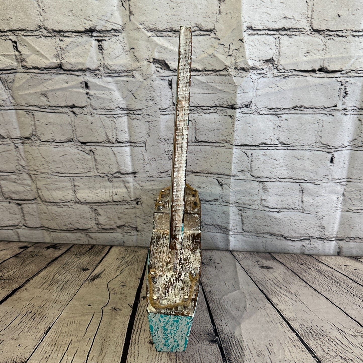 40cm Rustic Wooden Brown & Green Sailing Boat Nautical Ornament Sculpture Decor