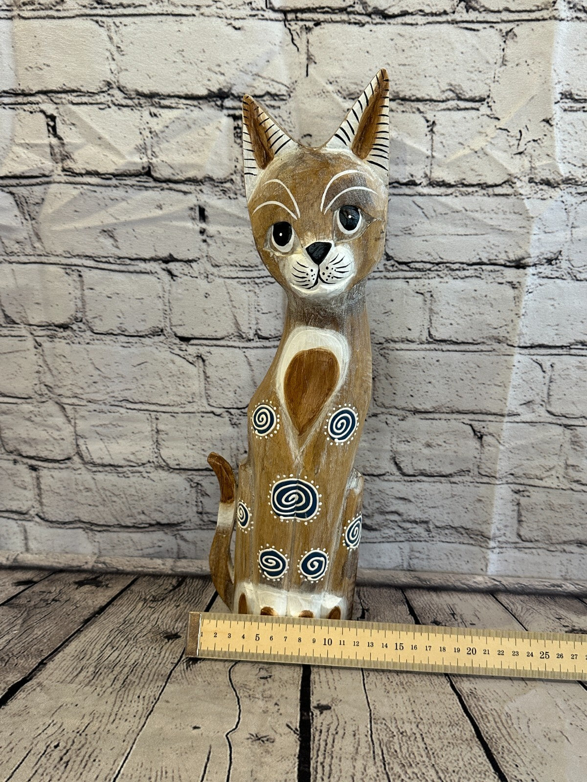 40cm Light Brown Flower Wooden Shabby Cat Statue Ornament Fair Trade Handcarved