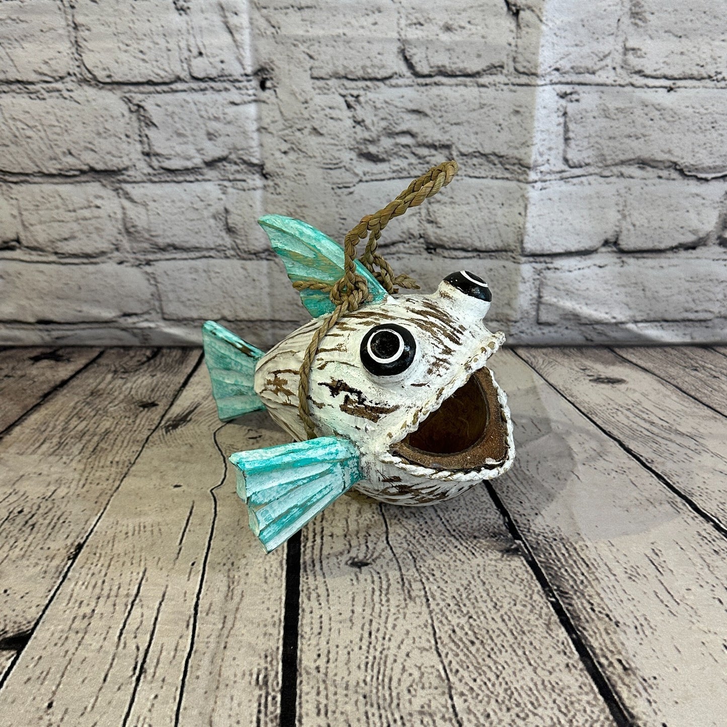 Green White Folk Art Hand Painted Shark Fish Coconut Shell Ornaments Hanging