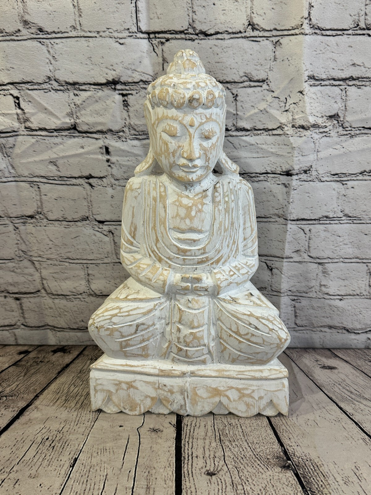 40cm x 20cm White Buddha Wooden Standing Statue Figurine Ornament Fair Trade