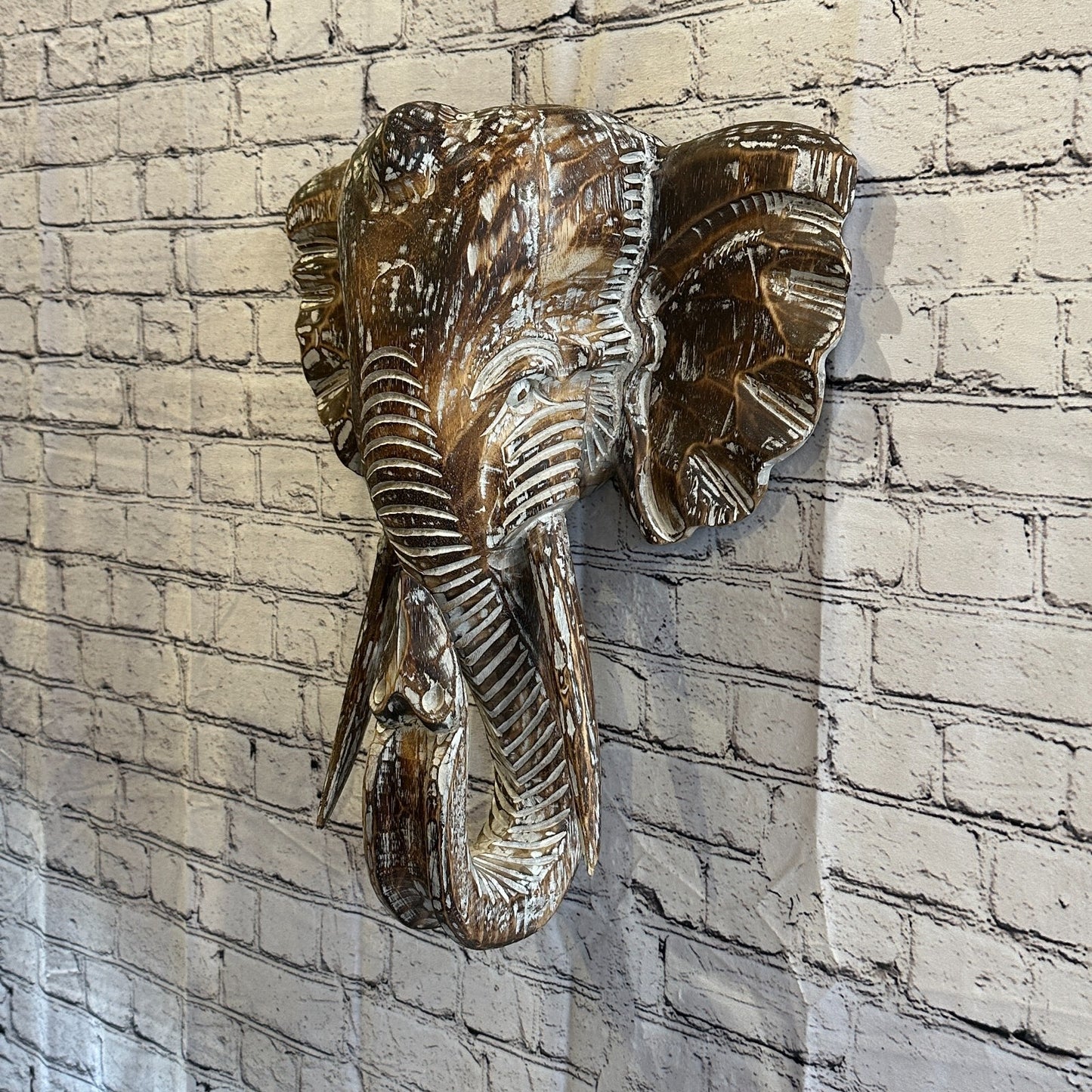 50cm x 40cm Brown Carved Wood Elephant Head Wall Mounted Art Large Shabby