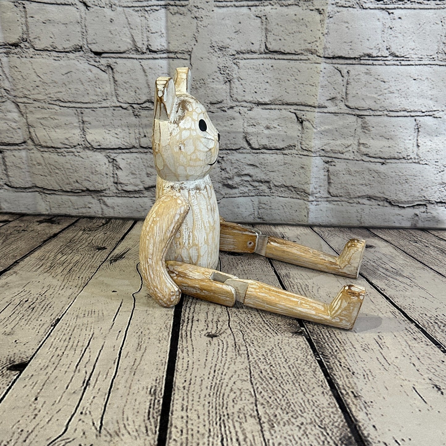 22cm Shabby White Teddy Sitting Animal Wooden Shelf Ornament Handmade Fairtrade