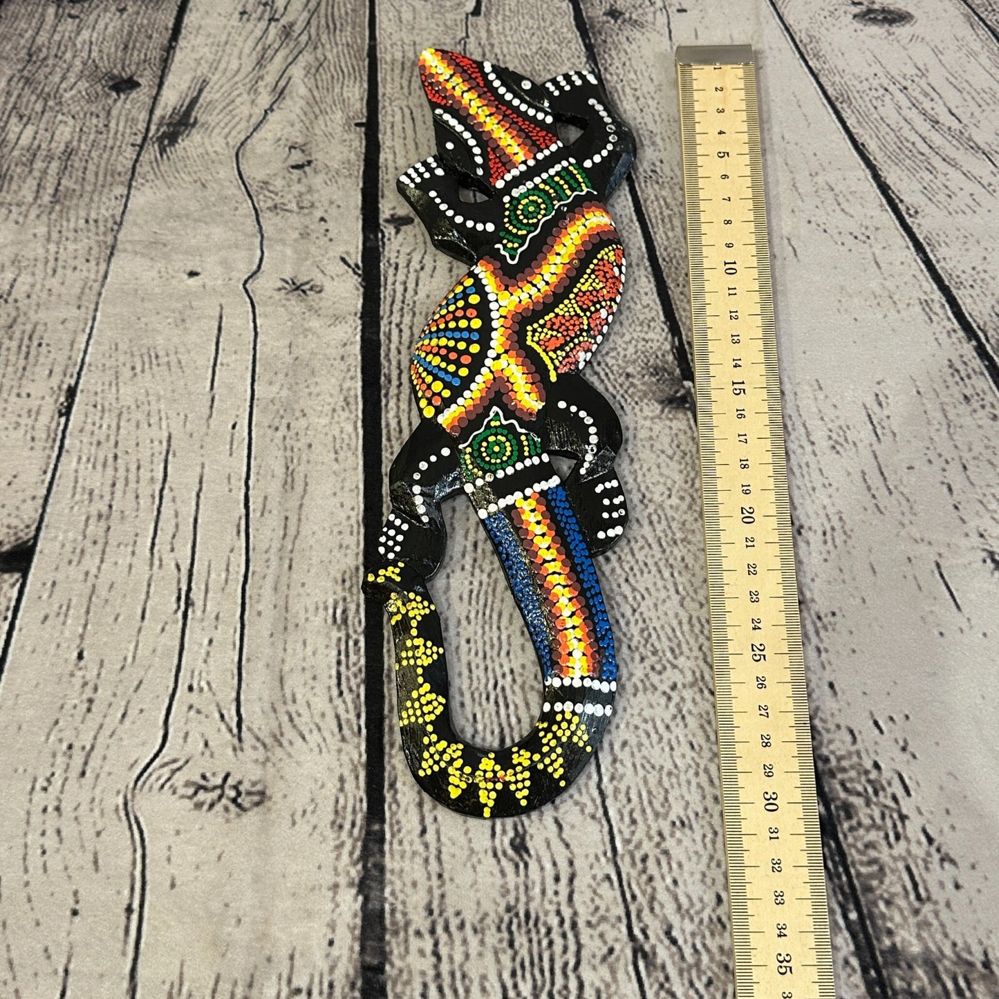 30cm Gecko Carved Wooden Dot Painted Ethnic Tribal Tiki Wall Handmade No 4