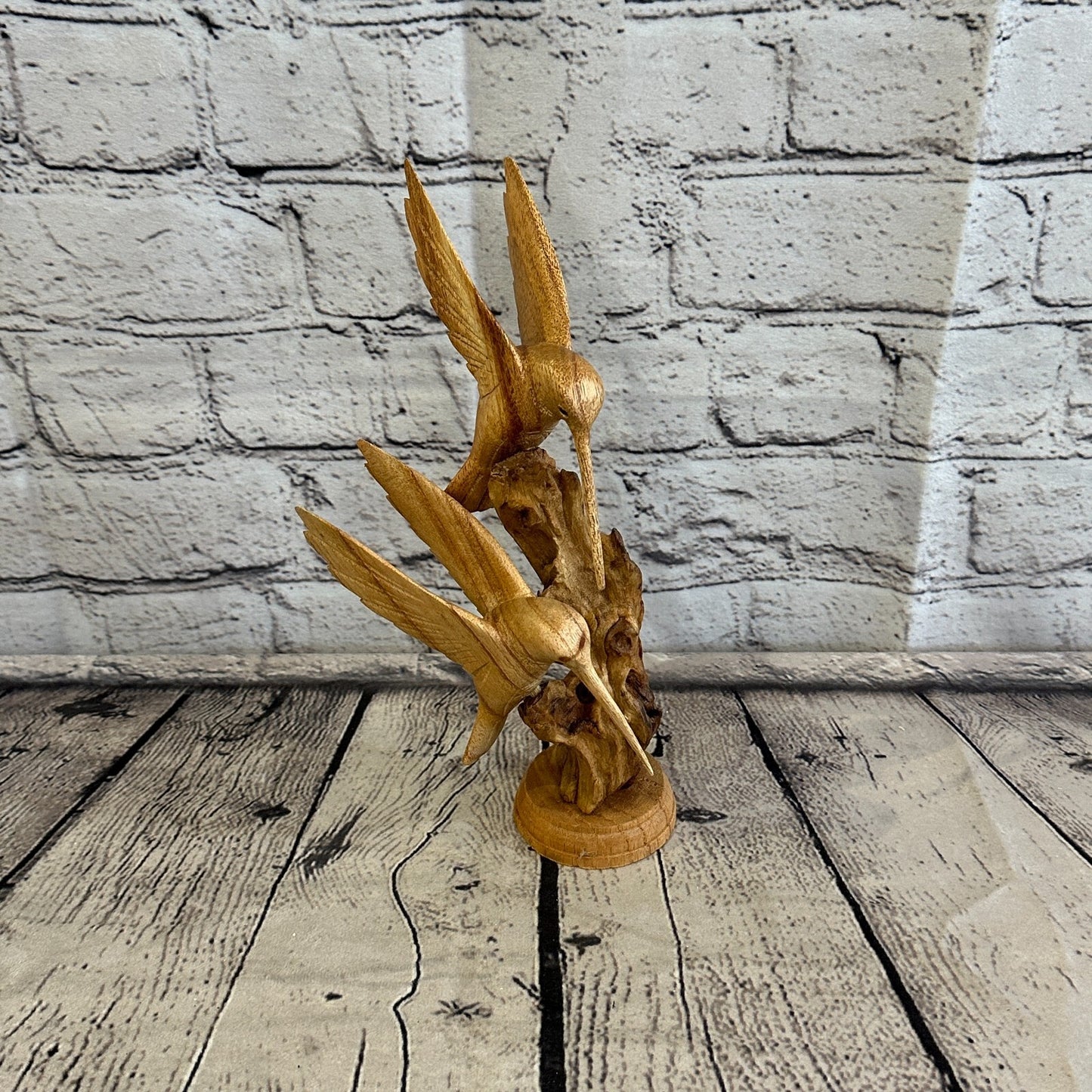 25cm Double Humming Bird Mushroom Parasite Ornament Natural Carving Wooden