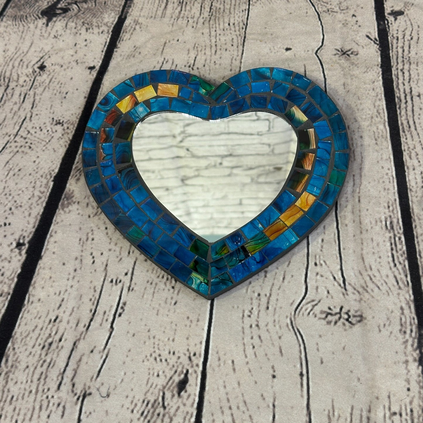Blue Heart Shape Mosaic Tile Wall Mirror 20cm x 15cm 8 Inches Handmade New