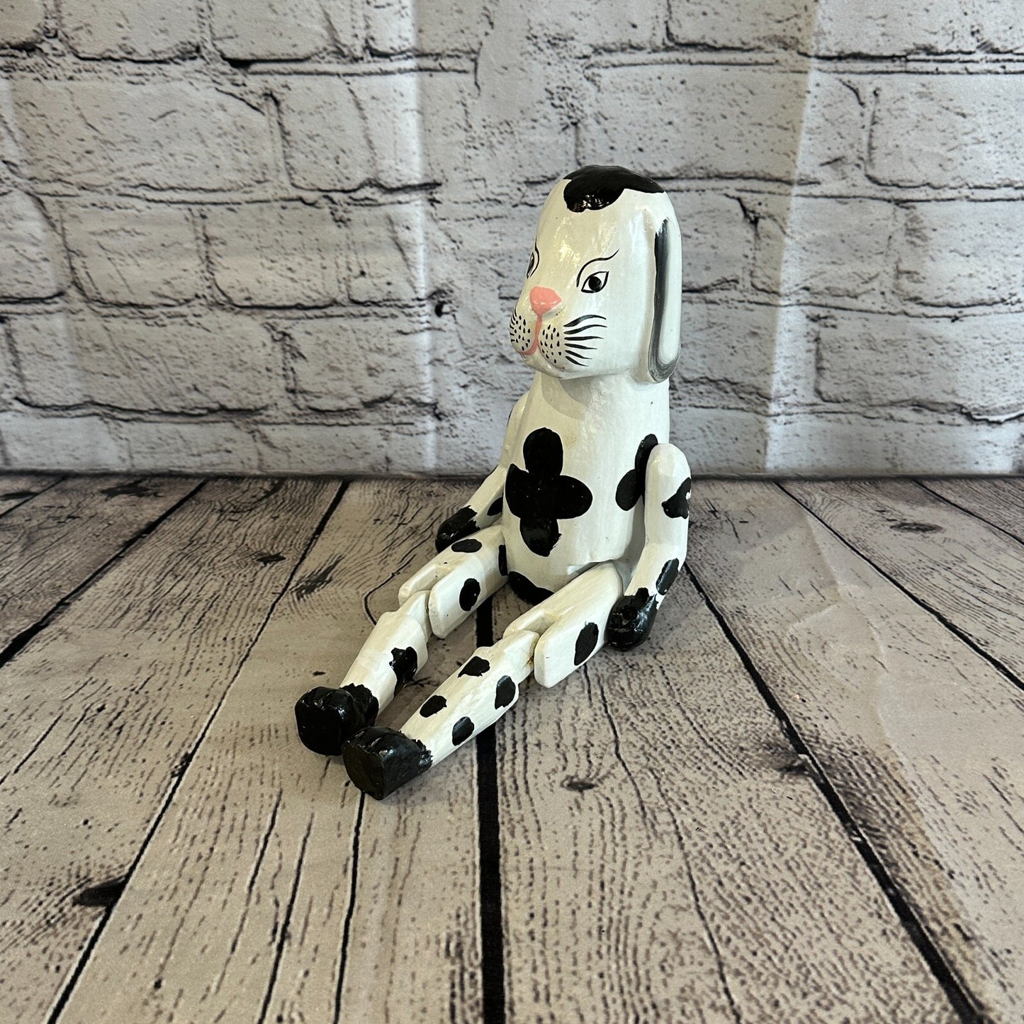 20cm Black White Dog Sitting Animal, Wooden Shelf Ornament Handmade & Fairtrade
