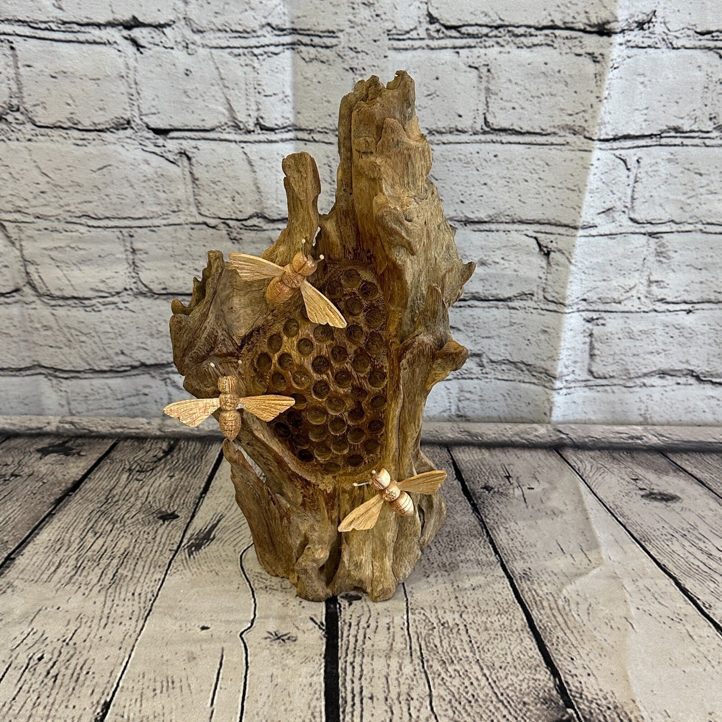 3 Bees Honeycomb Mushroom Parasite Wood Ornament Natural Carving Wooden Standing