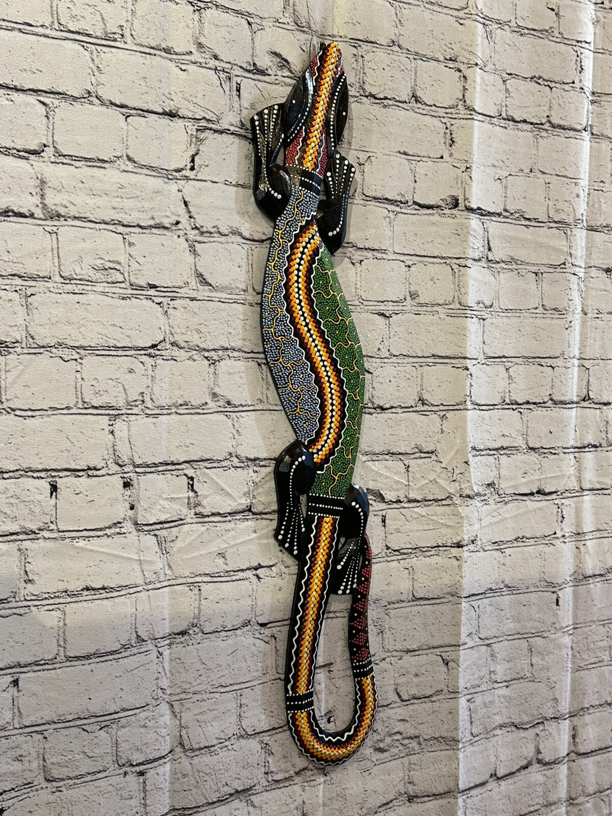 80cm Gecko Carved Wooden Dot Painted Ethnic Tribal Tiki Wall Handmade No 2