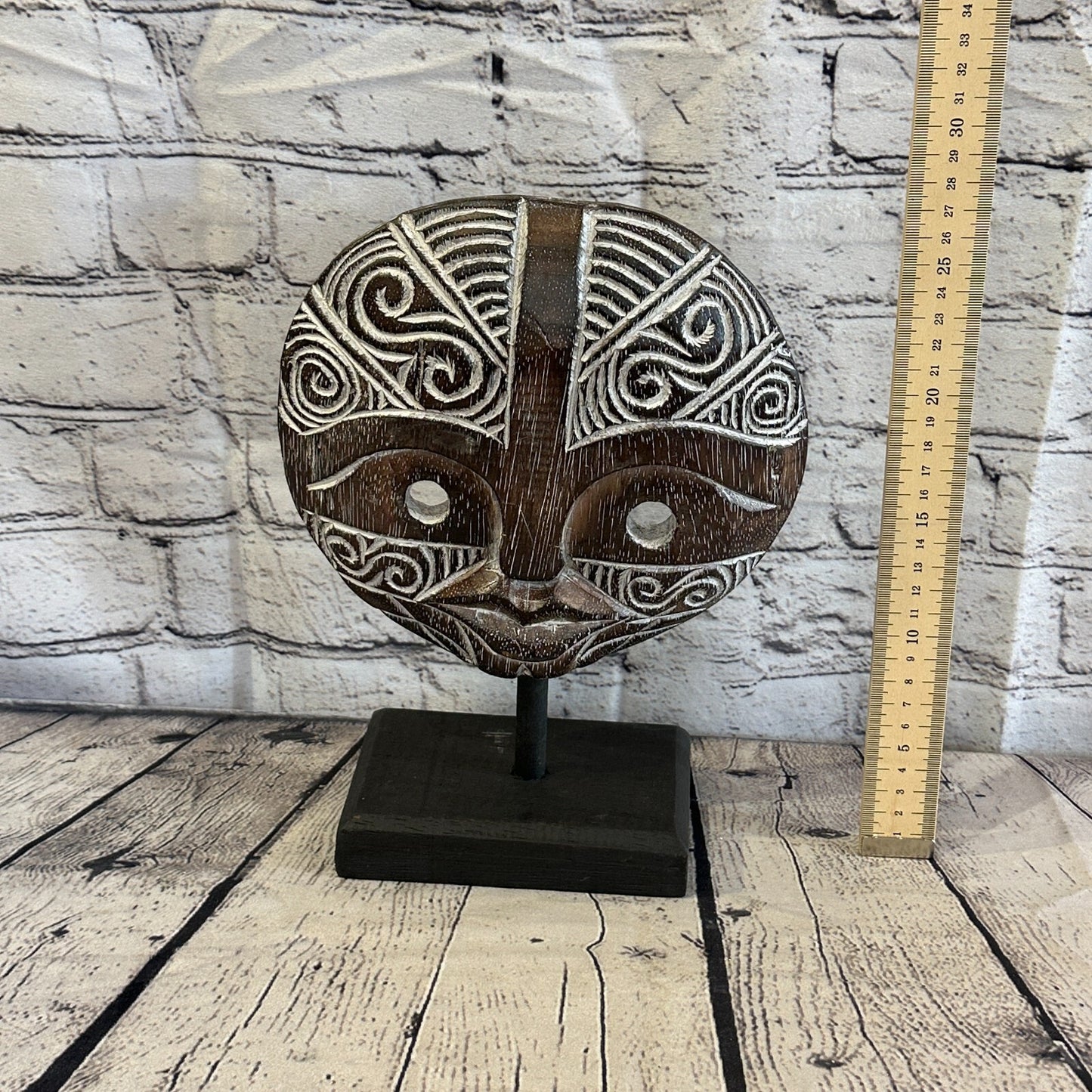 25cm x 20cm Wooden Tribal Primitive Black Mask Stand Sculpture Statue Art