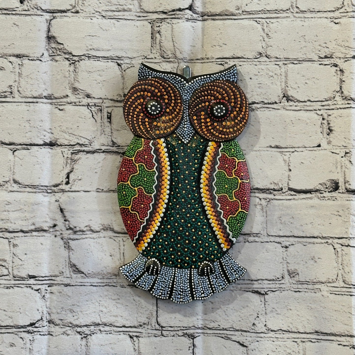 30cm Owl Carved Wooden Dot Painted Ethnic Tribal Tiki Wall Art Handmade No 3