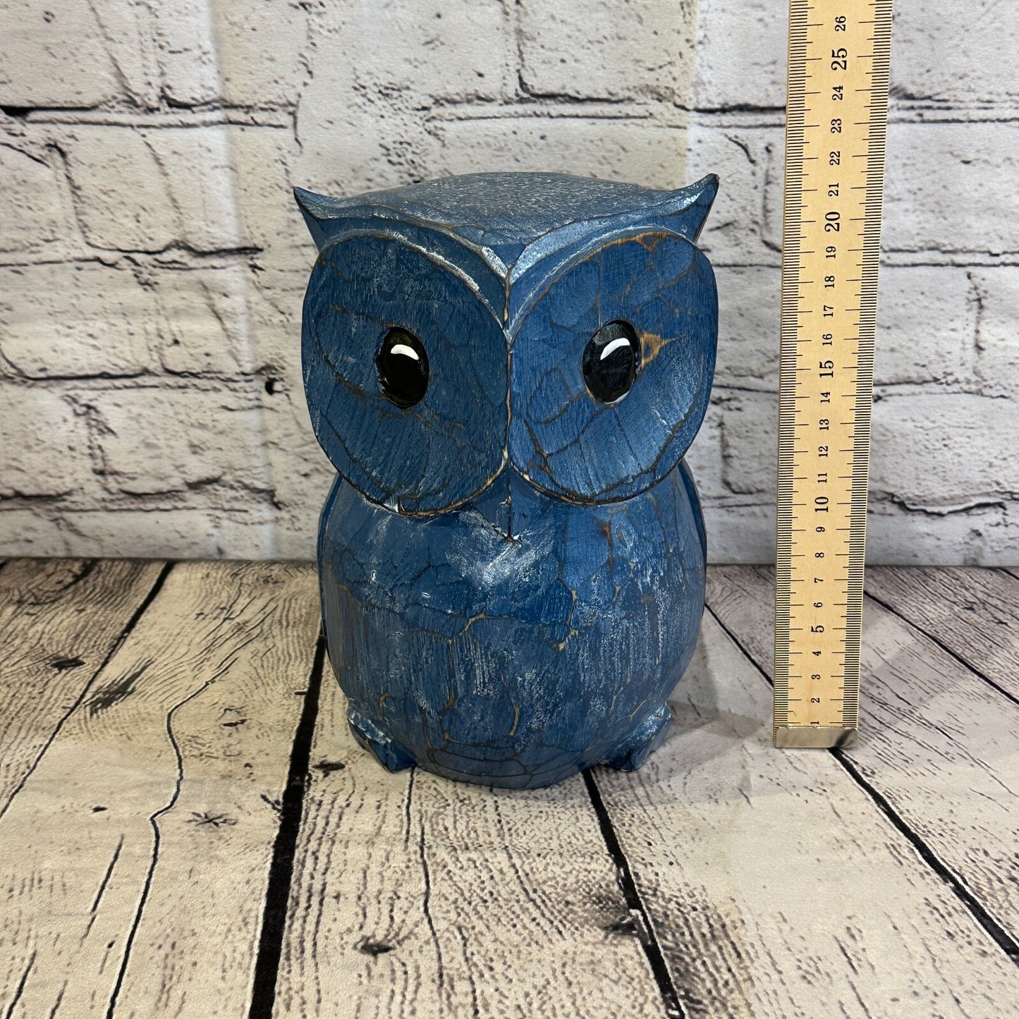 20cm x 15cm Blue Flower Wooden Shabby Owl Statue Ornament Fair Trade Handcarved