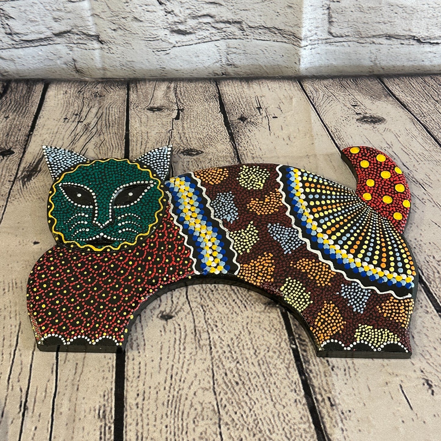 30cm Green Cat Carved Wooden Dot Painted Ethnic Tribal Tiki Wall Art Handmade